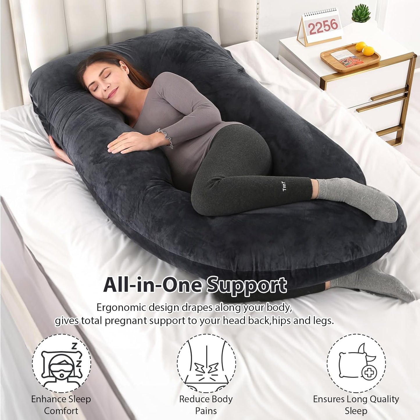 BATTOP Pregnancy Pillows for Sleeping, Full Body Maternity Pillow for Side Sleeping, Support for Back, Legs, Belly, HIPS, 57 Inch Pregnancy Pillow with Removable Cover, Black