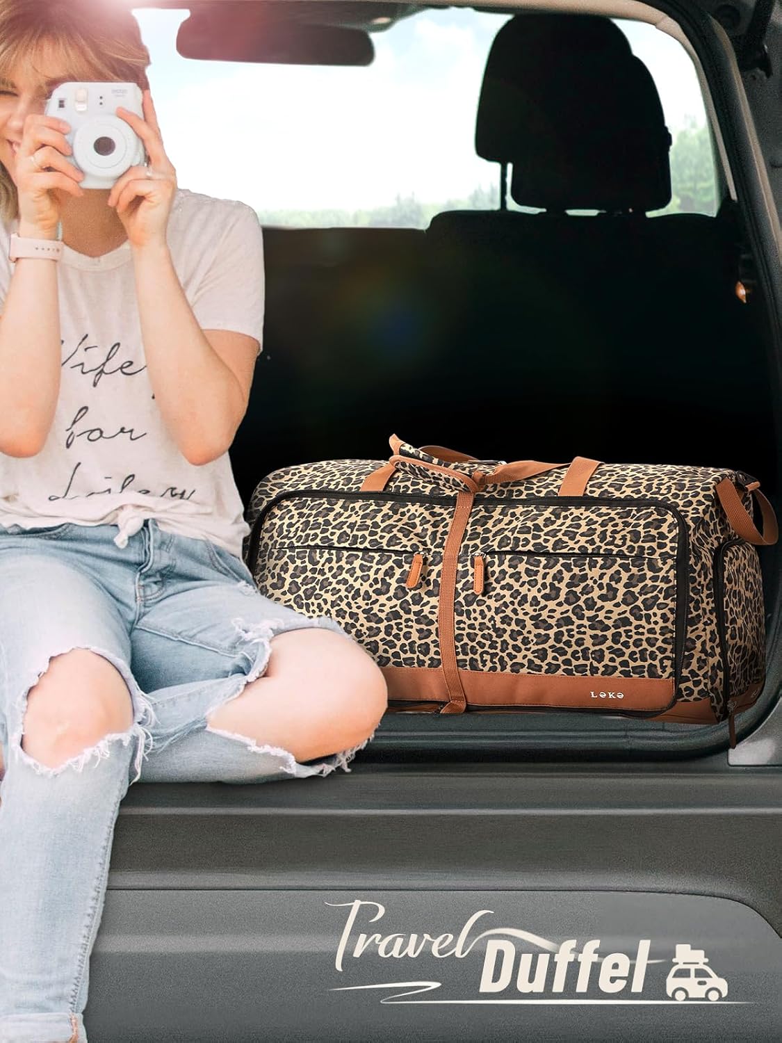 Lekesky Foldable Travel Duffle Bag for Women, Large Duffel Bag with Separate Shoes Compartments & Straps, Carry On Weekend Bag for Women, Hospital, Overnight (Leopard, 60L)
