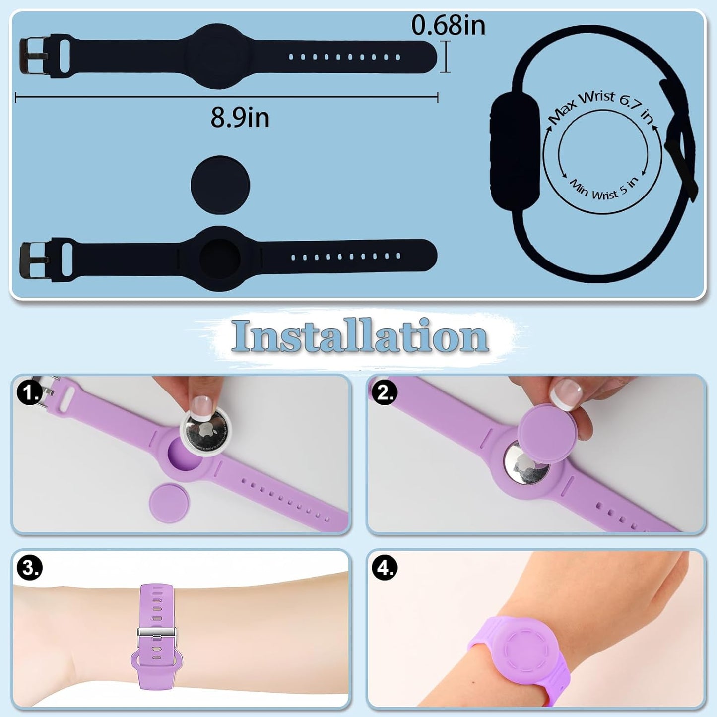 Waterproof Airtag Bracelet for Kids, Silicone Wristband Compatible with Apple Air Tag Hidden Holder Case, GPS Tracker Anti-Lost Adjustable Airtag Strap for Toddler Child (2 Pack, Black & White)