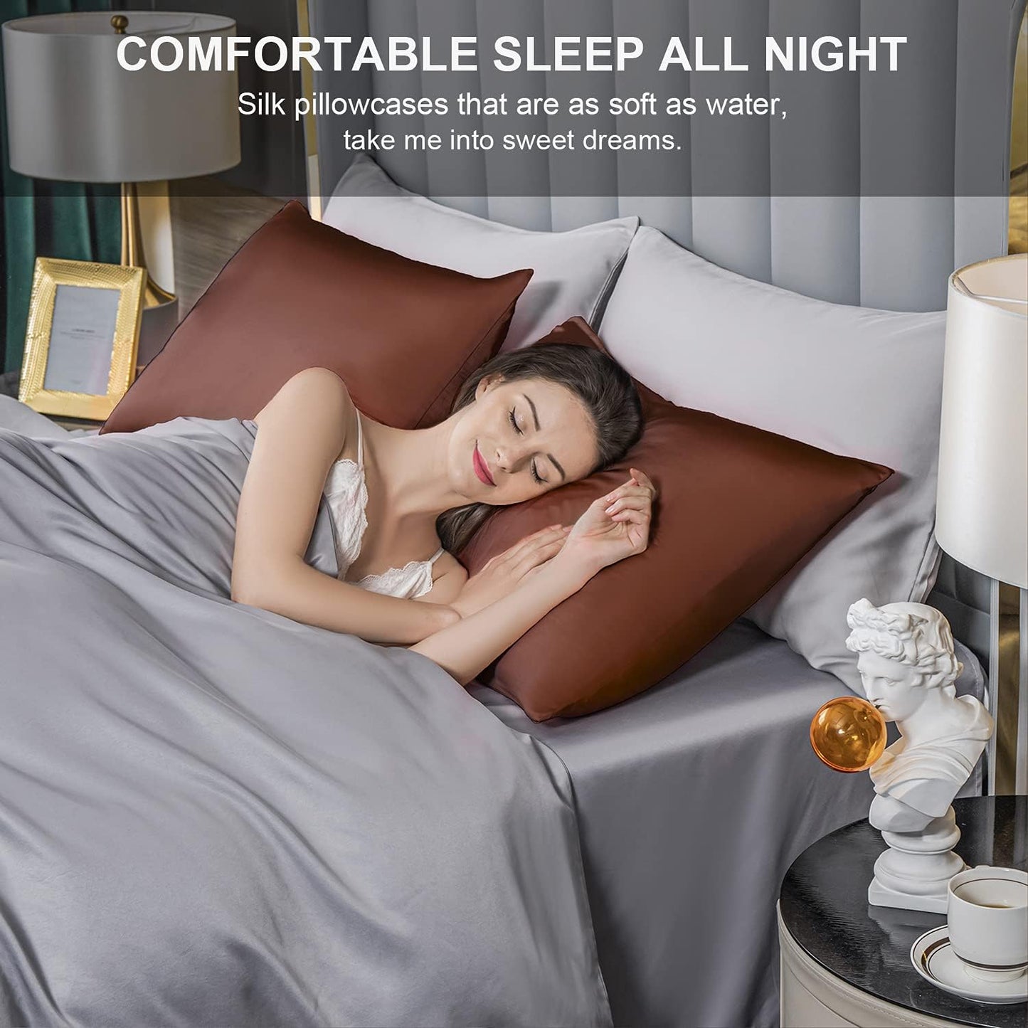 Mulberry Silk Pillowcase for Hair and Skin,King Size Cooling Silk Pillow Case with Hidden Zipper,Allergen Proof Dual Sides Soft Breathable Smooth Silk Pillow Cover for Women(King,Coffee)