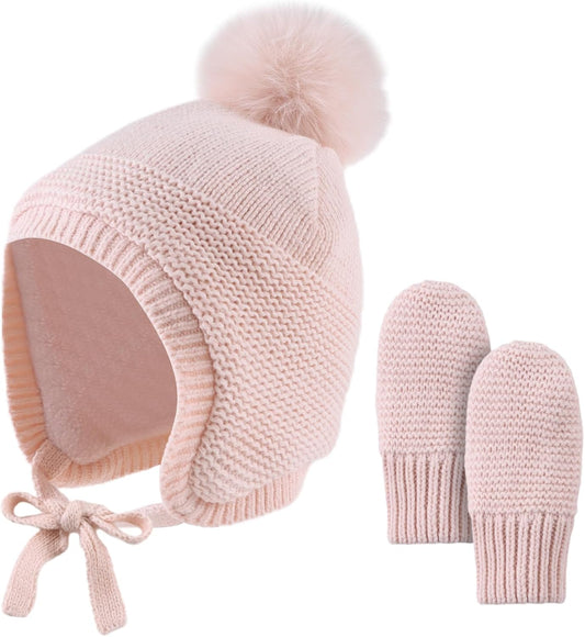 Basic Winter Baby Beanie Gloves Boys Girls Knitted Hat Pompom Kids Earflap Hats Warm Infant Toddler Beanie Mittens Set
