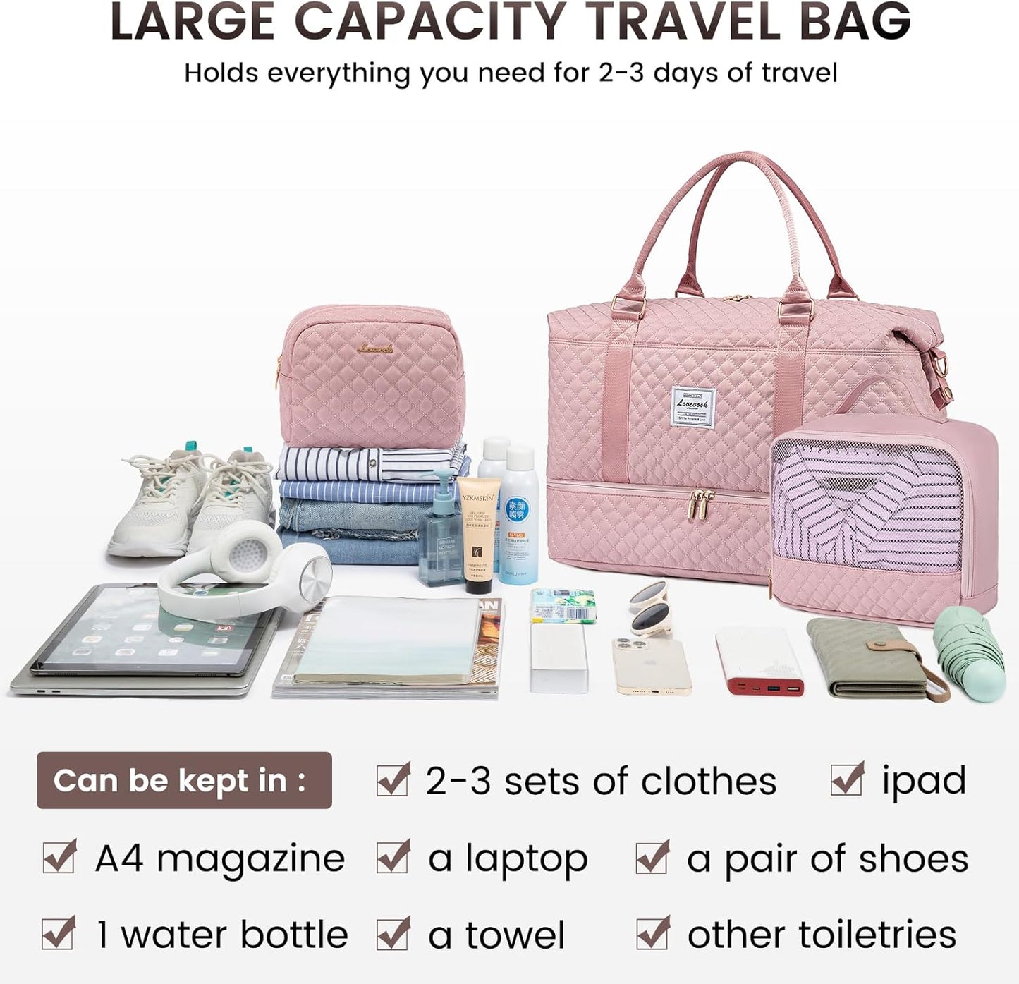 LOVEVOOK Travel Duffle Bag,Weekender Bags for Women with Shoe Compartment，Carry on Overnight Bag with Toiletry Bag,Gym Duffel Bag with Wet Pocket, Hospital Bags for Labor and Delivery