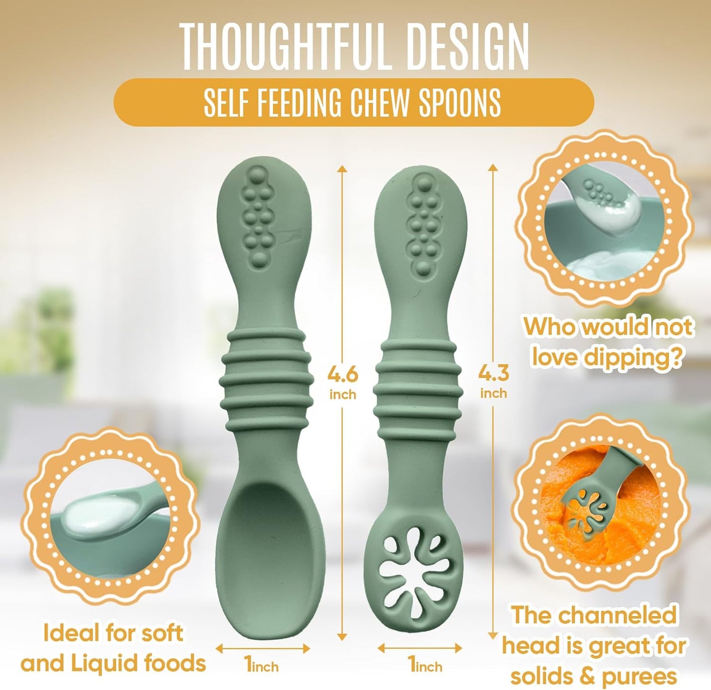 4pc Silicone Baby Spoons Self Feeding Baby Utensils 6-12 Months - 3 Baby Spoon - 1 Baby Fork - Toddler Cutlery Set - BPA Free, Dishwasher Safe - Baby Eating Essentials (Green/Yellow) - Small