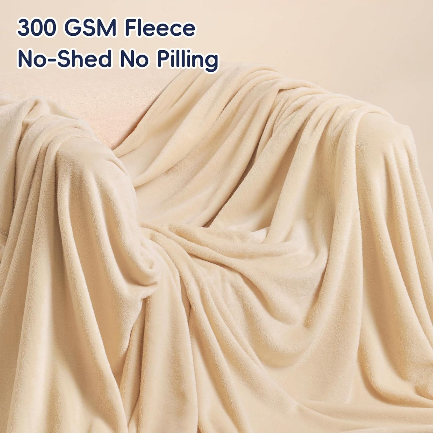 PHF Ultra Soft Fleece Blanket Queen Size, No Shed No Pilling Luxury Plush Cozy 300GSM Lightweight Blanket for Bed, Couch, Chair, Sofa Suitable for All Season, 90" x 90", Beige
