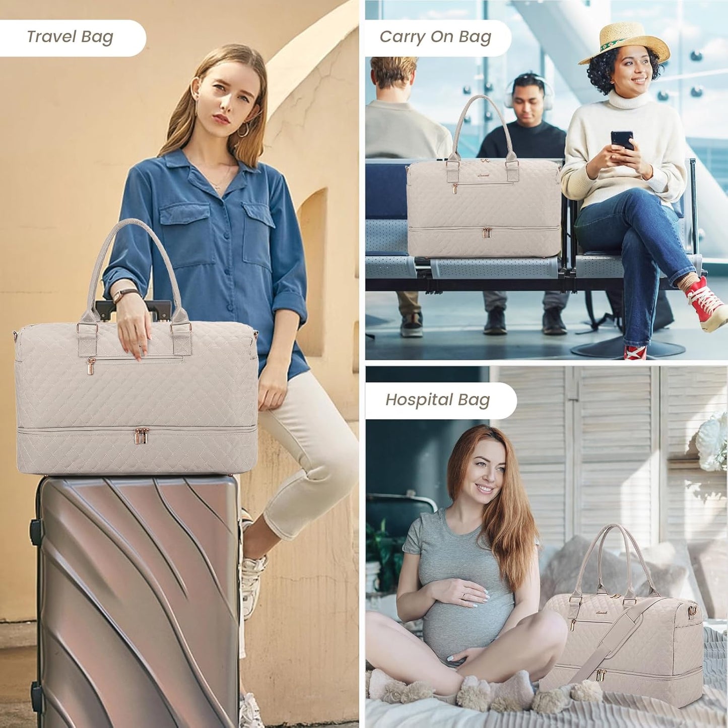 LOVEVOOK Travel Duffle Bag for Women, Weekender Overnight Bag with Shoe Compartment, Carry on Bag with Toiletry Bag, Gym Duffel Bag with Wet Pocket, Hospital Bags for Labor and Delivery 3 Pcs Set