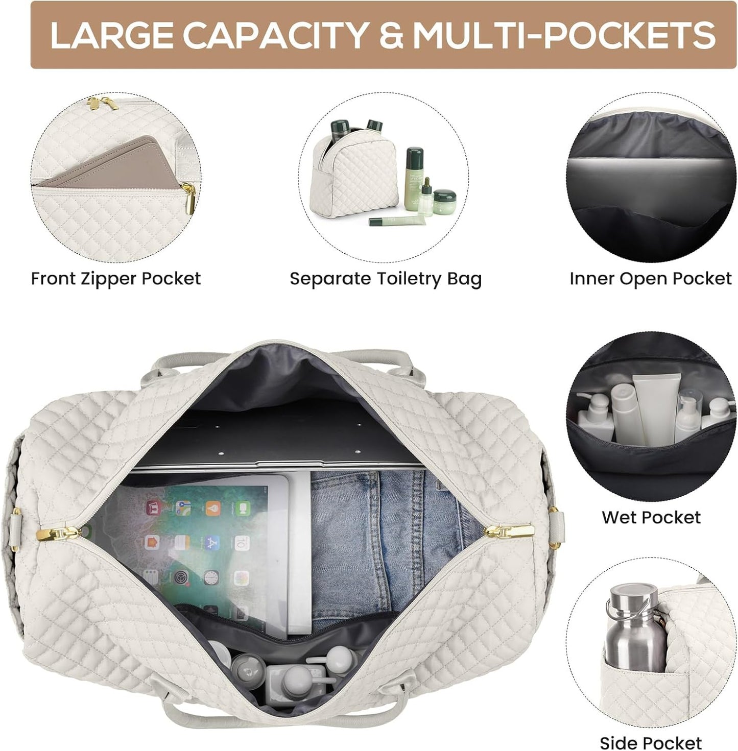 Travel Overnight Bag Weekender Bags - Duffle Bag Women with Shoe Compartment Carry On Overnight Bag with Toiletry Bag Duffel Bags with Wet Pocket for Gym Hospital Bags for Labor and Delivery Beige