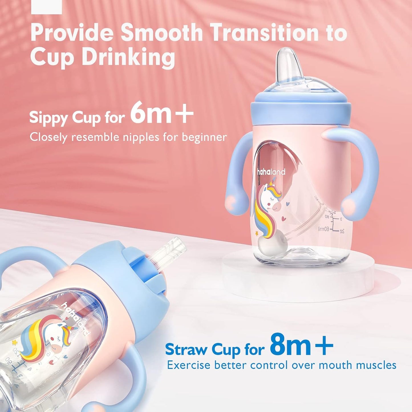 hahaland Sippy Cups for Baby 6-12 Months - 2 in 1 Spout & Straw Unicorns Sippy Cups for Toddlers 1-3 No Spill Transition Weighted Straw Cup (1 Cup with 2 Nipples)