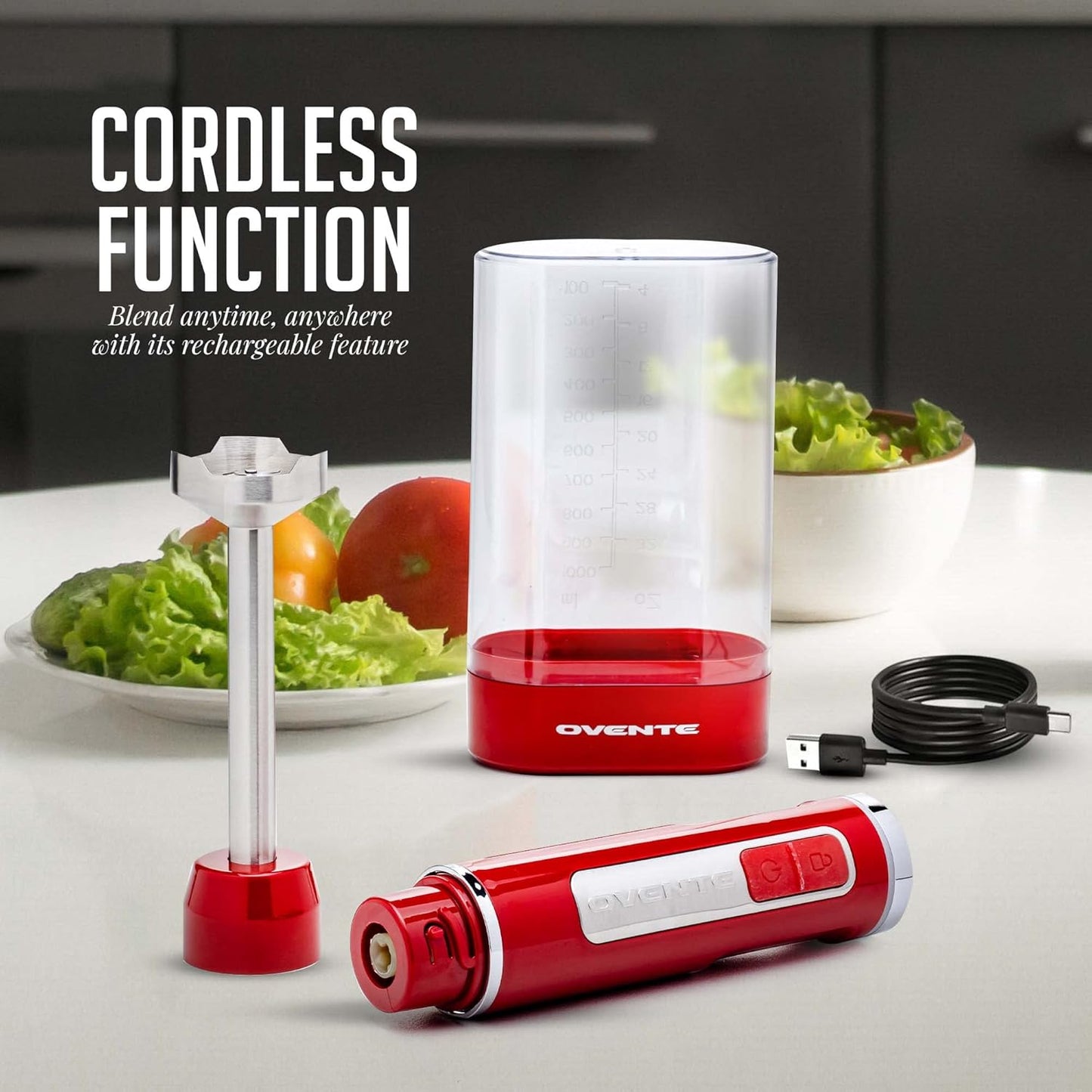 OVENTE Cordless Immersion Hand Blender, Rechargeable Handheld Portable Stick Mixer with 8 Mixing Speed Option, One-Touch Control and Stainless Steel Blades for Smoothies, Shakes or Soups, Red HR781R