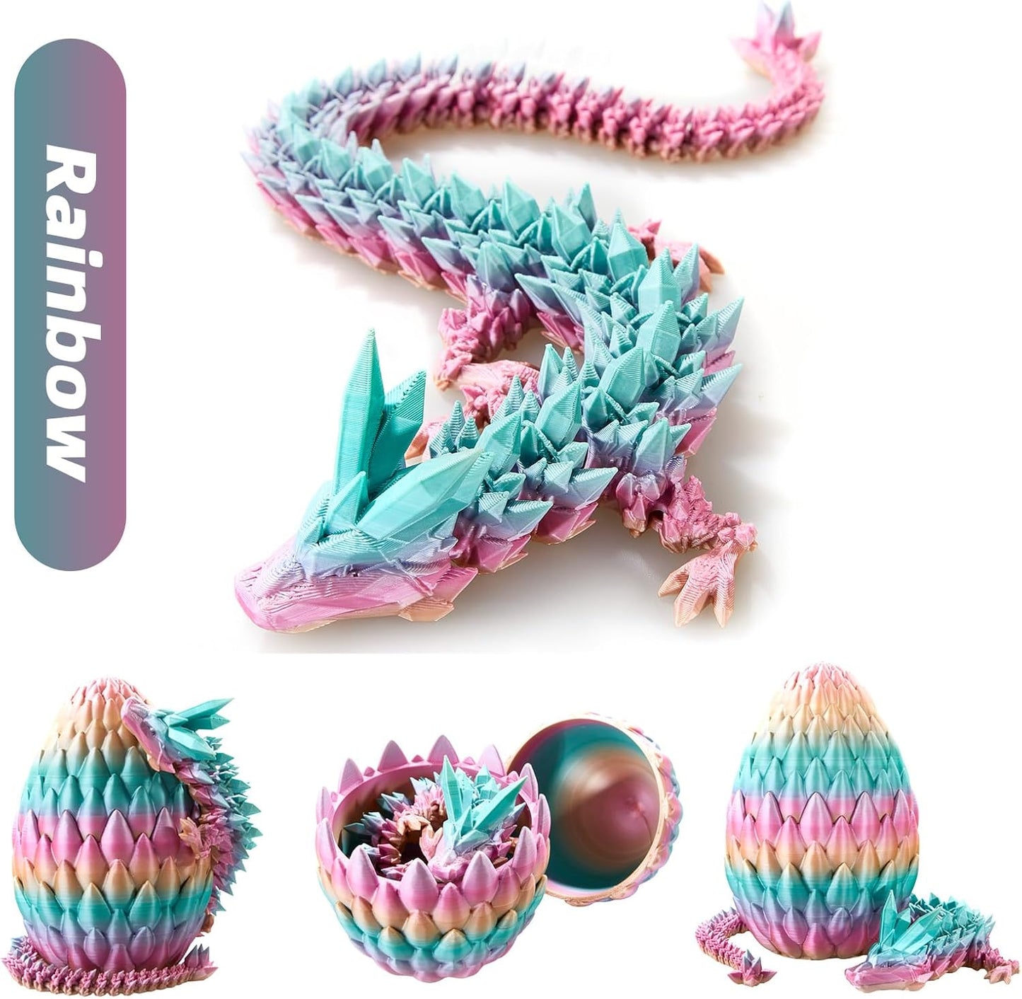 Dragon Egg,15in Crystal Dragon,Surprise Egg ,Articulated Dragon,3D Printed Gift Toy,Fidget Toys for Autism/ADHD, Executive Desk Toys,Home Office Decor (Rainbow)