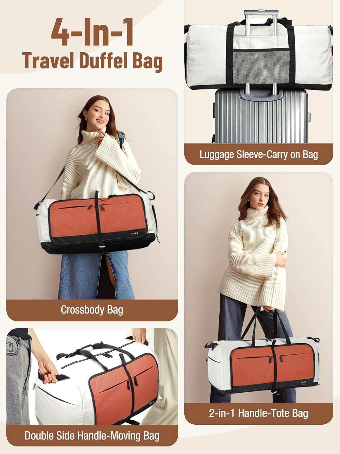 Lekesky Foldable Travel Duffle Bag for Women, Large Duffel Bag with Separate Shoes Compartments & Straps, Carry On Weekend Bag for Women, Hospital, Overnight (Cinnamon & Camel, 80L)