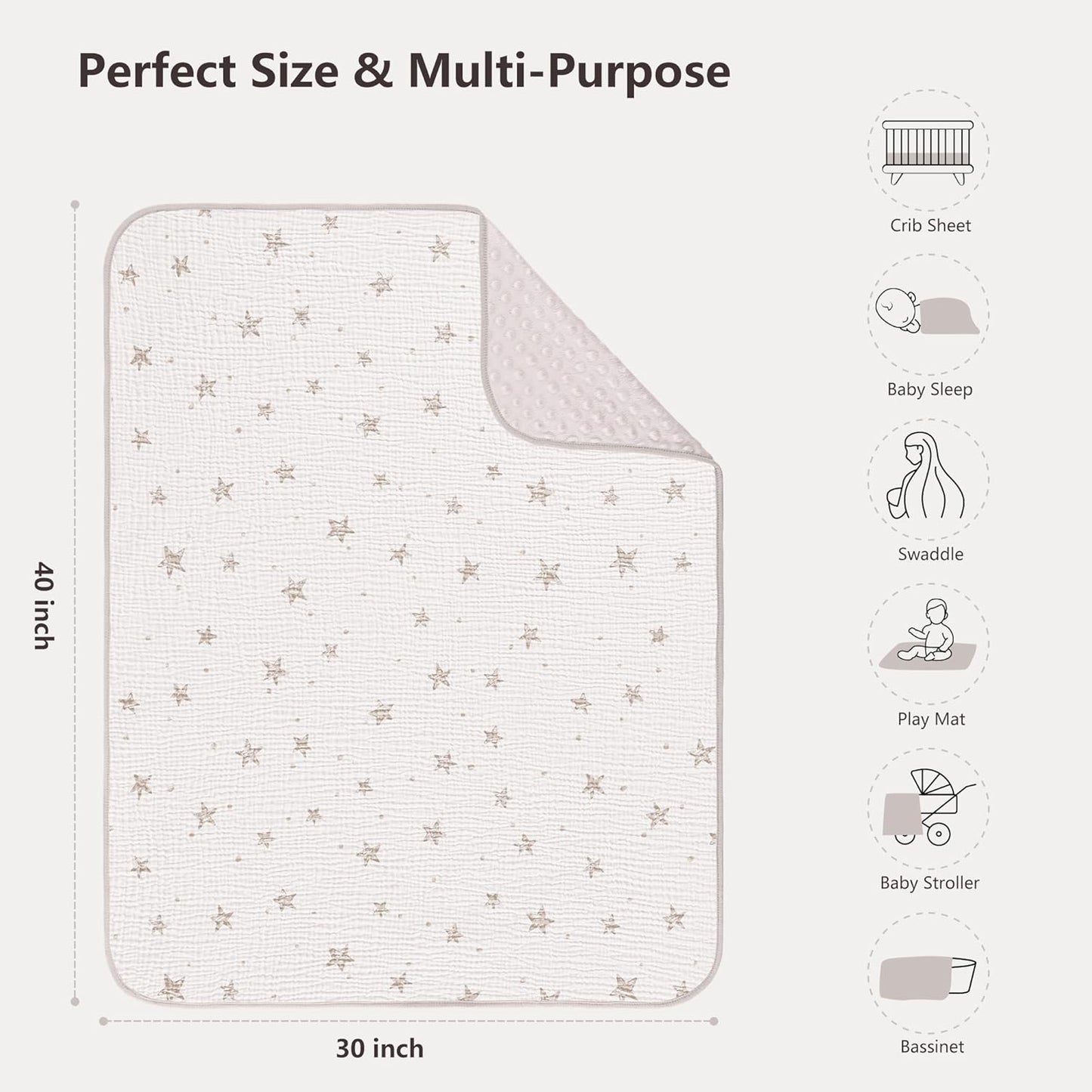 Susurration Baby Blanket for Unisex Boys Girls, Soft Nursery Minky Blanket with Muslin Cotton Front and Dotted Fleece Back, Receiving Blanket for Baby Newborn Infant, 30x40inch (Beige Star)