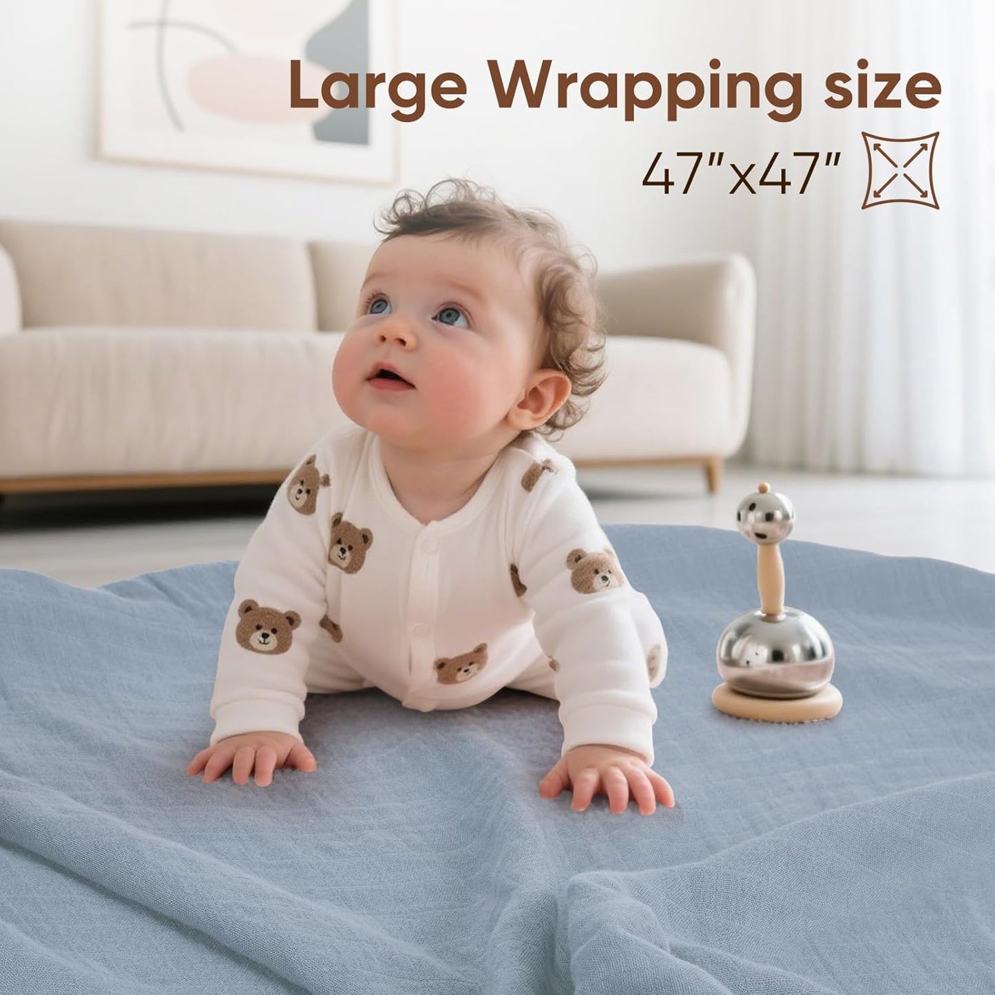 Muslin Swaddle Blankets, Nursery Receiving Blanket for Newborn, Baby Swaddle Wrap Soft Silky & Breathable, 3 Packs, 47 X 47In (White & Blue 3 Pieces)