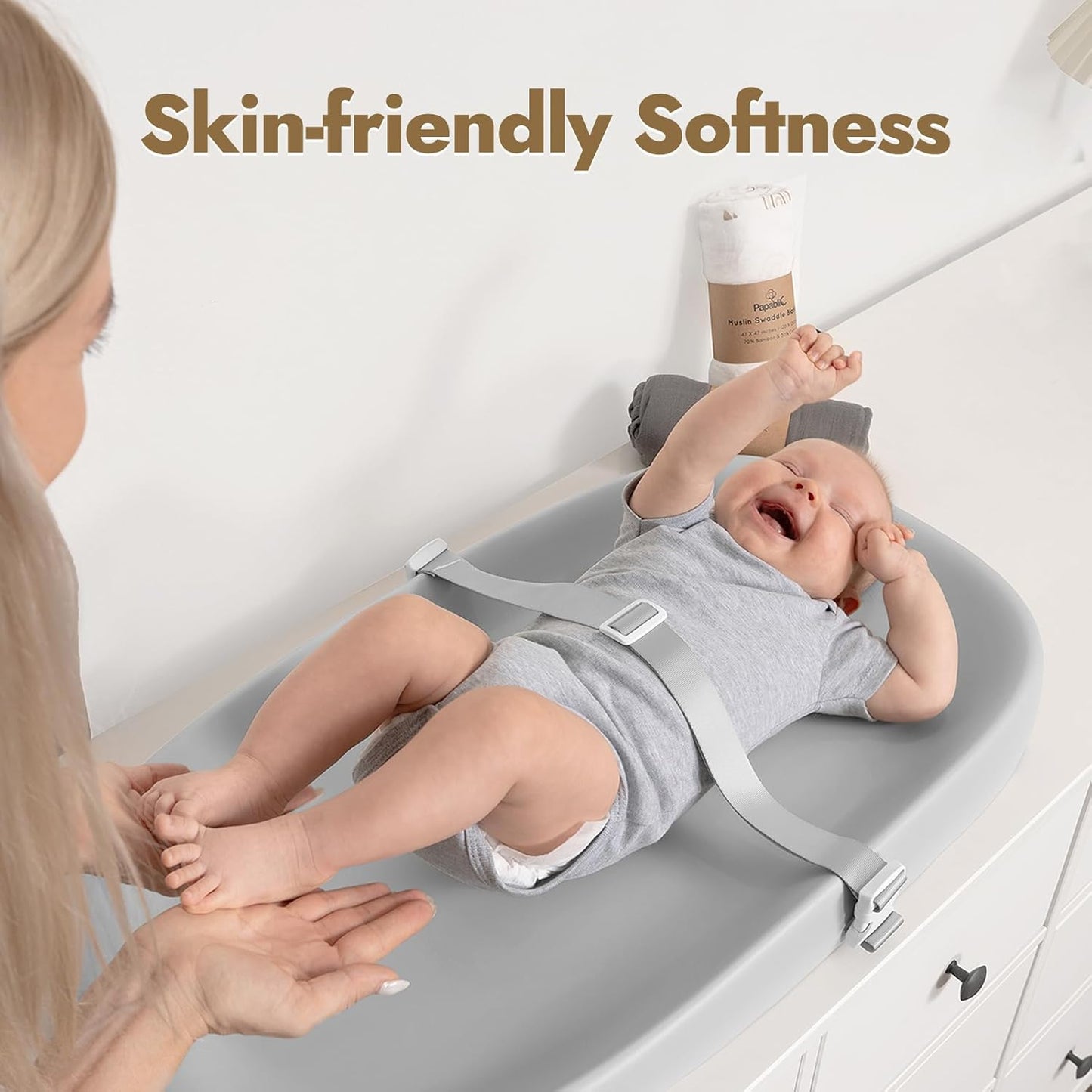 Papablic Wipeable Baby Changing Pad with Removable Safety Strap, Easy to Clean & Non-Slip Waterproof, Changing Pad for Dresser,Bed