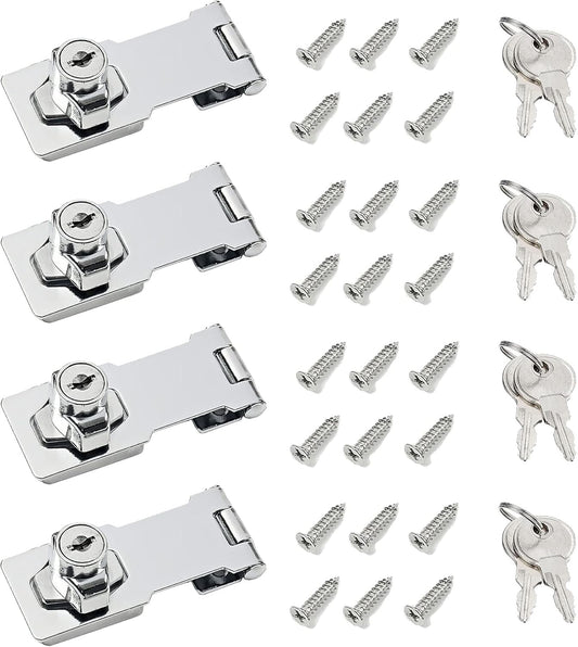 3 Inch Keyed Hasp Lock for Cabinets & Small Doors, Twist Knob Design, Heavy Duty Zinc Alloy with Chrome-Plated Iron, Includes Keys & Screws - Silver, 4 Pack