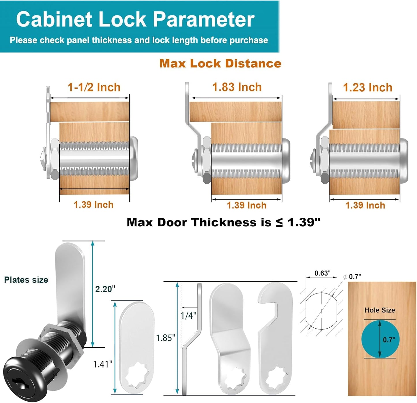 3 Pcs Black Cabinet Locks with Keys, 1-1/2" Cam Lock Keyed Alike, RV Cam Locks for Cabinets RV Storage Door, Cabinet and Drawer Lock with Keys, Zinc Alloy