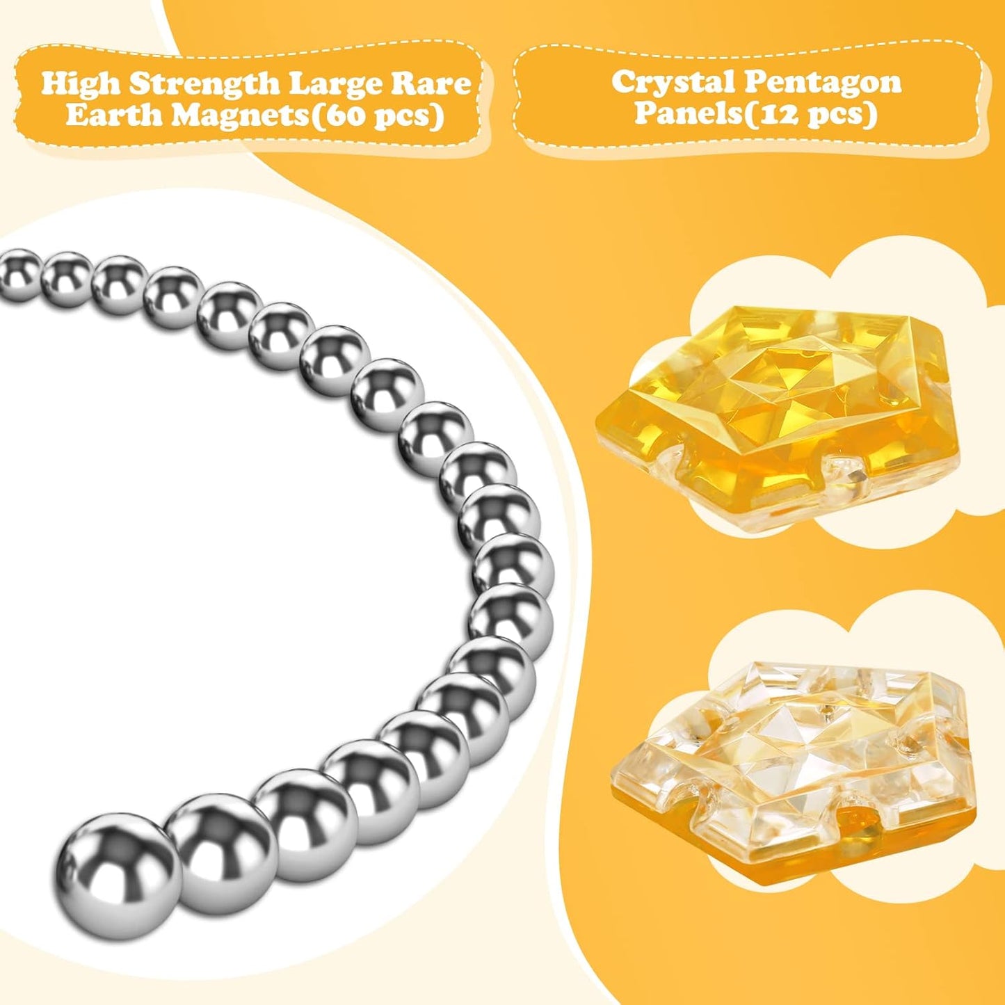 RoomyRoc Magnetic Fidget Sphere - Pentagons Magnets Balls - 12 Piece Set - Crystal Orange - Magnet Fidgets Toy - Creativity Beyond Imagination, Inspirational, Recreational, Desk Toys for Adults