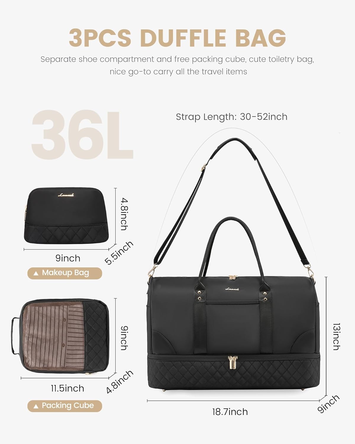 LOVEVOOK Travel Bag,Weekender Bag for Women Travel Duffle Bag with Shoe Compartment,Carry on Overnight Bag with Wet Pocket,Gym Yoga Duffel Bag,Hospital Bags for Labor and Delivery,3 Pcs Set