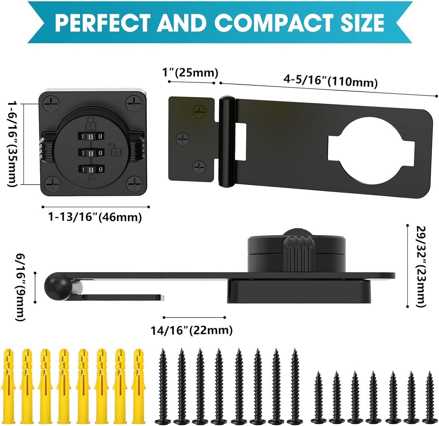 4.5 in Mechanical Combination Swing Hasp Lock, Combination Cabinet Lock, Small Door Security Latch for Cabinets, Drawers, Closets, Storage Cabinets and Barn Doors (Black-1pc)