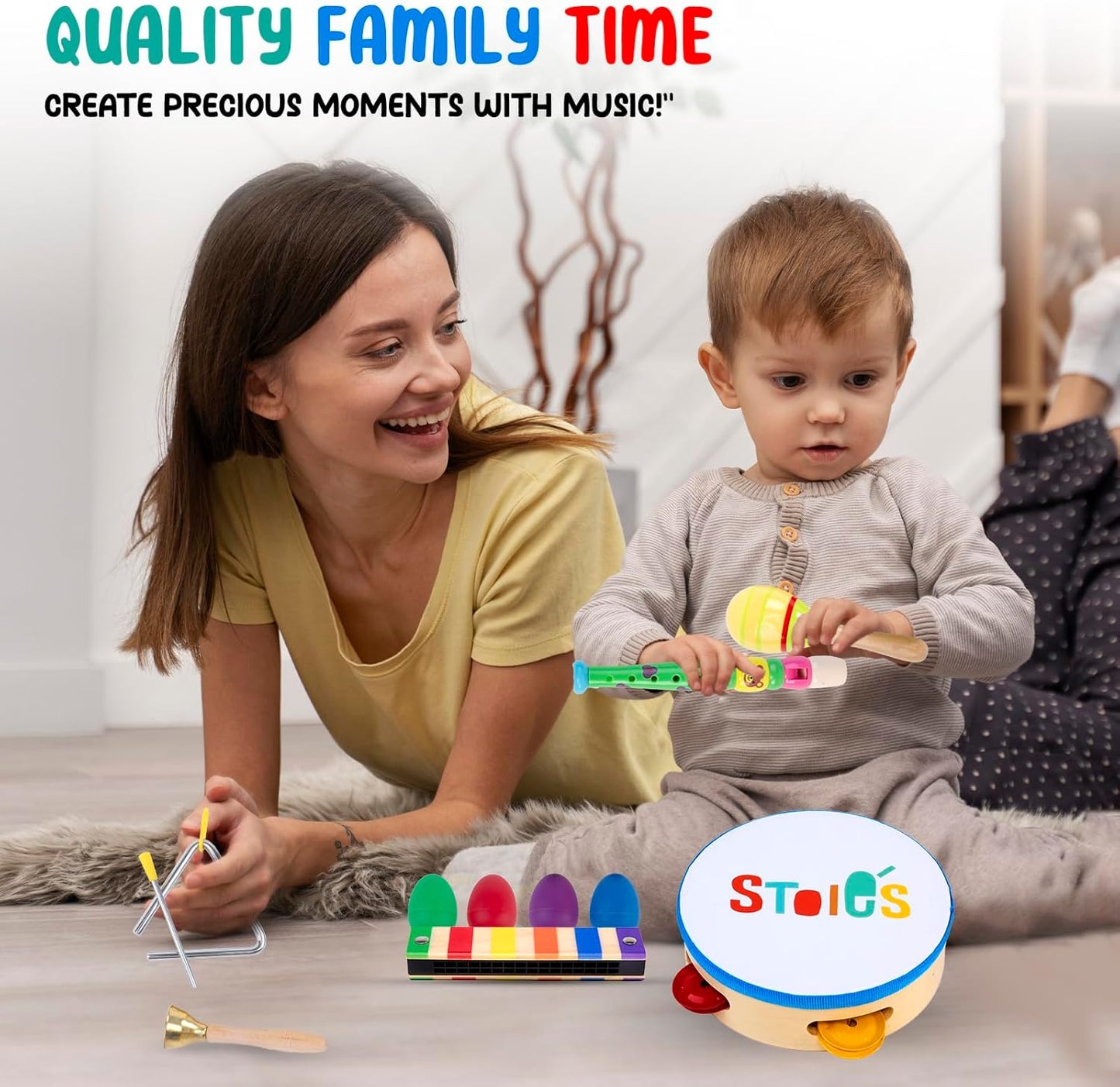 Stoie's Wooden Kids Musical Instruments for 1-5 Years Old, Baby Percussion Toys with Xylophone, Maracas, Tambourine, Durable, Safe to Play, Clear Loud Sound, Bright Rainbow Colors, Storage Backpack