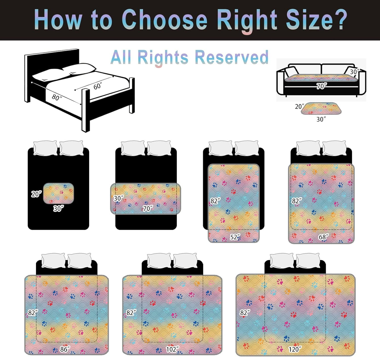 Waterproof Dog Bed Cover 120x82inch Reversible Pad Reusable Camping Mat for Kids/Pet/Dog/Cat Washable Geometric Embroidery Blanket Patchwork Rainbow Dog Paw Printed+Gray