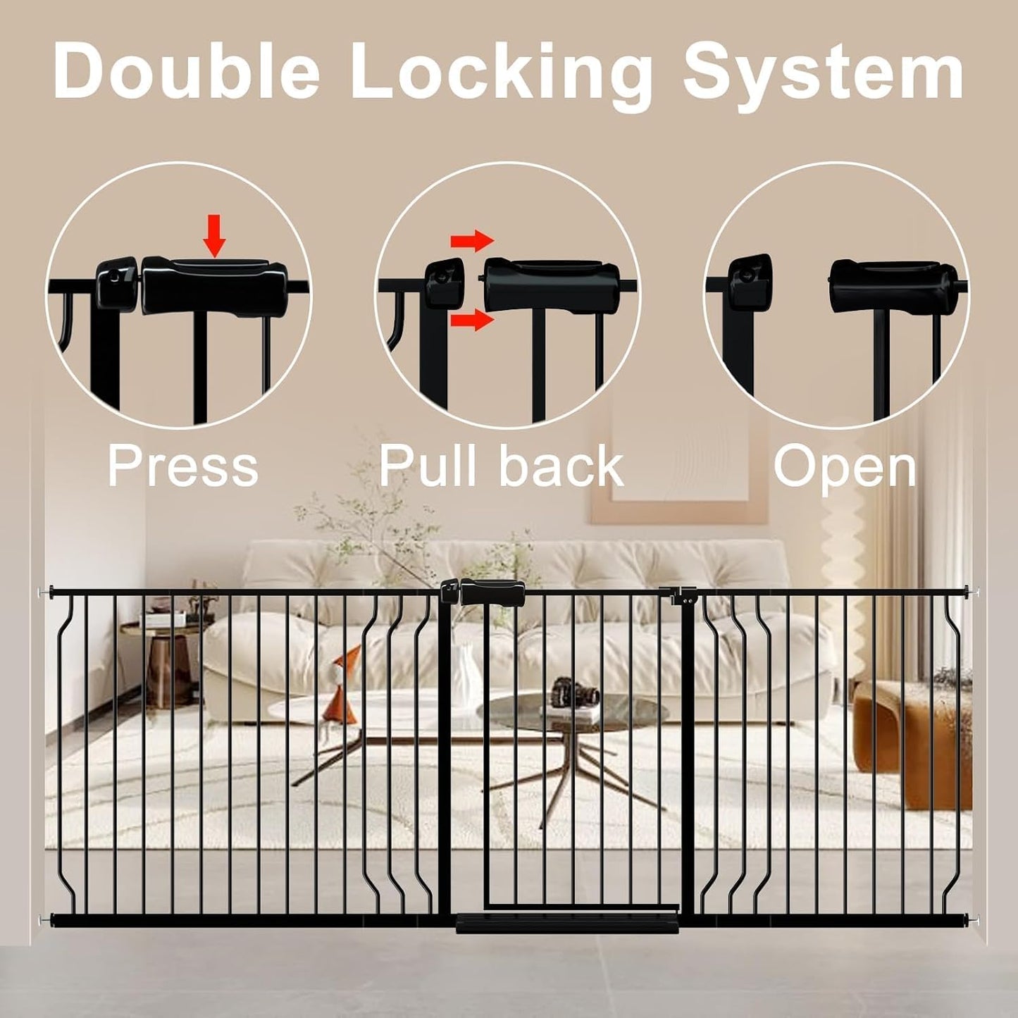 WAOWAO Baby Gate 52.76-62.2" Extra Wide Pressure Mounted Walk Through Swing Auto Close Safety Black Metal Toddler Kids Child Dog Pet Puppy for Stairs,Doorways,Kitchen