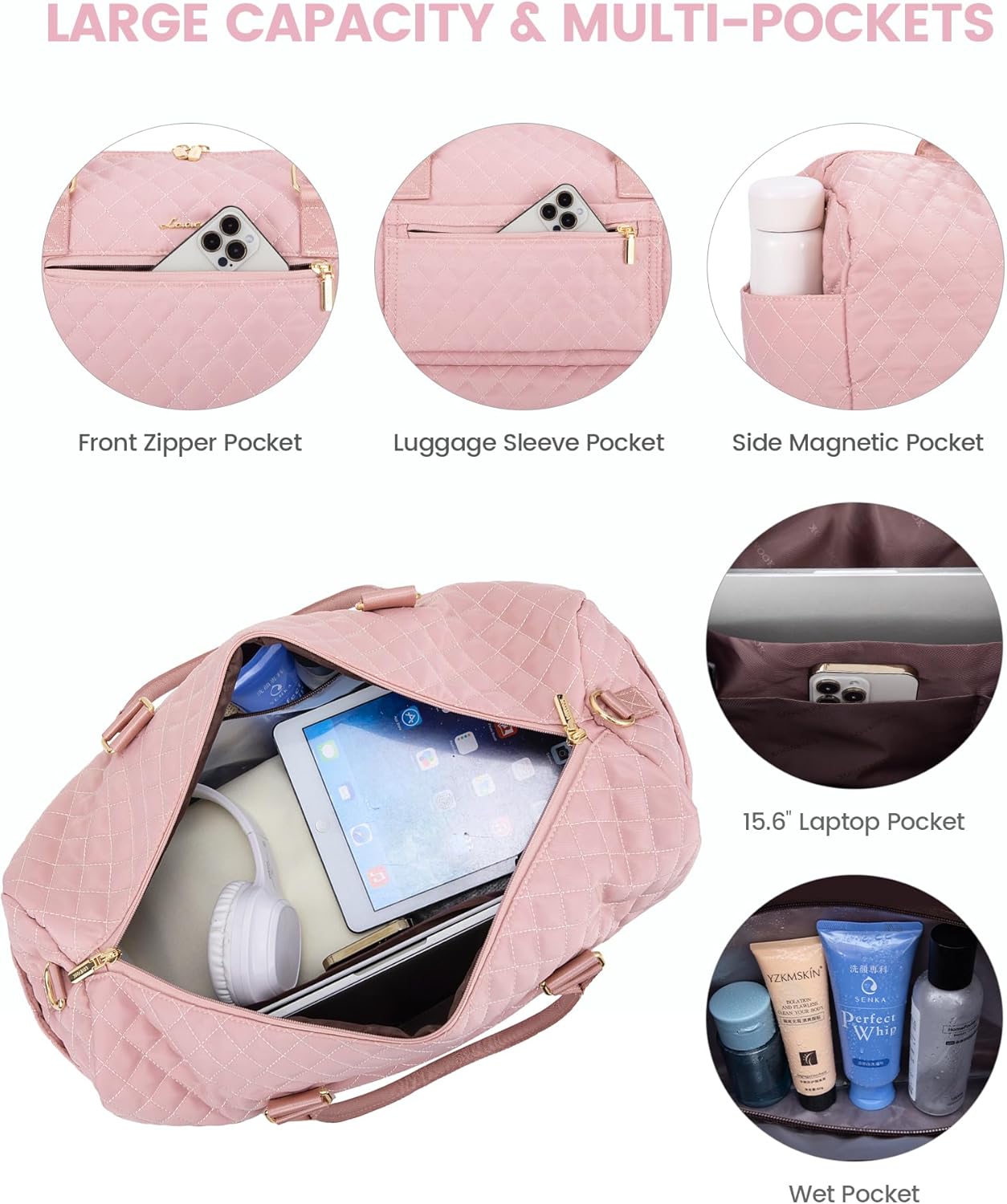 LOVEVOOK Travel Duffle Bag for Women, Weekender Overnight Bag with Shoe Compartment, Carry on Bag with Toiletry Bag, Gym Duffel Bag with Wet Pocket, Hospital Bags for Labor and Delivery 3 Pcs Set