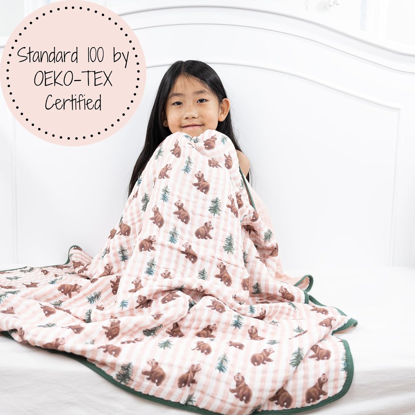 LollyBanks Muslin Baby Blanket 100% Organic Cotton, Muslin Quilt Lightweight, 6 Layers Soft Blanket Neutral, 47"x 47" Toddler Blankets for Girls and Boys, Nursery Receiving Blankets (Bear Print)