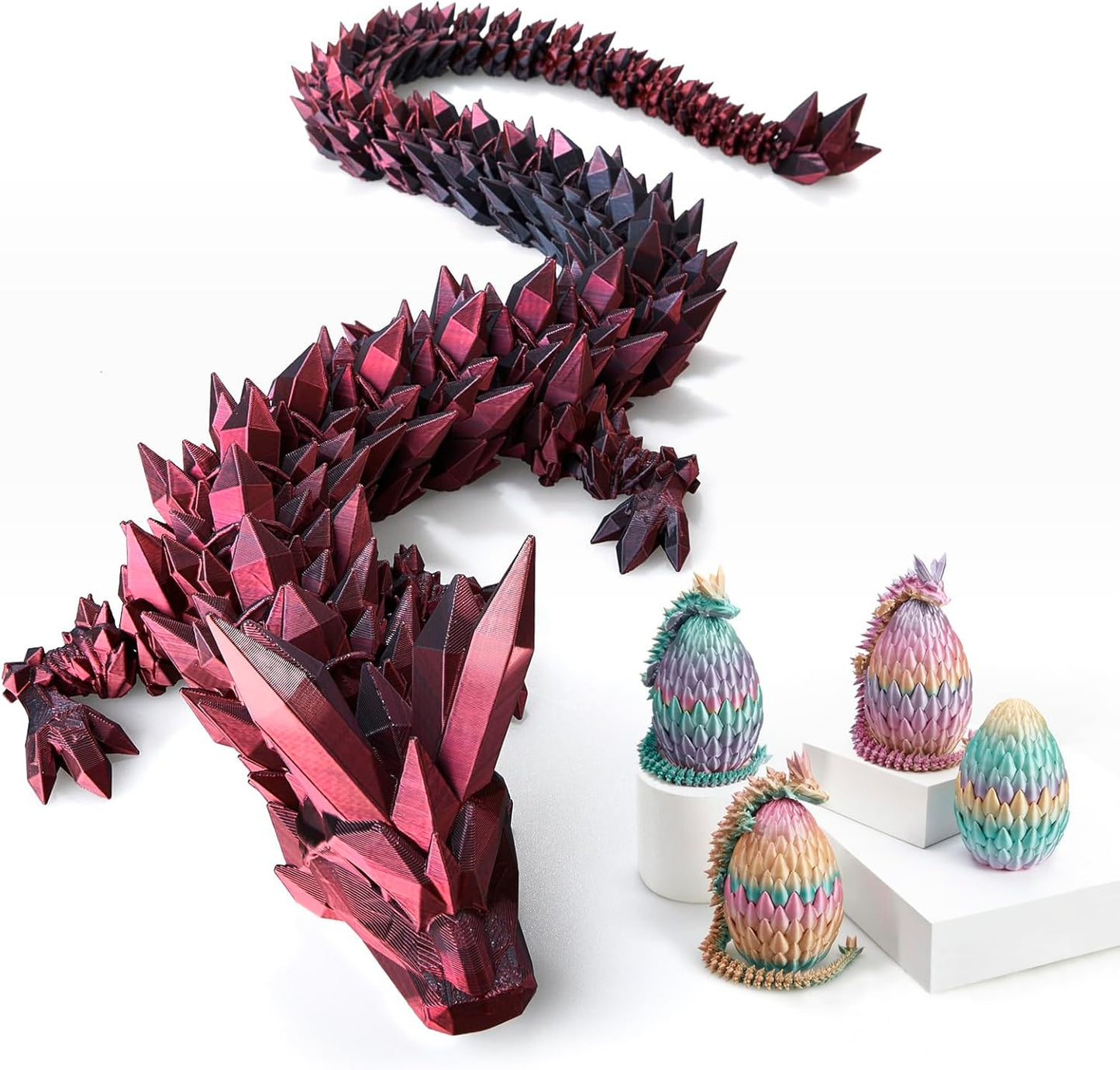 Large 30" 3D Printed Dragon,Articulated Crystal Dragon,3D Dragon Toy,Dragon Collection, Executive Desk Decor (Black-Red)