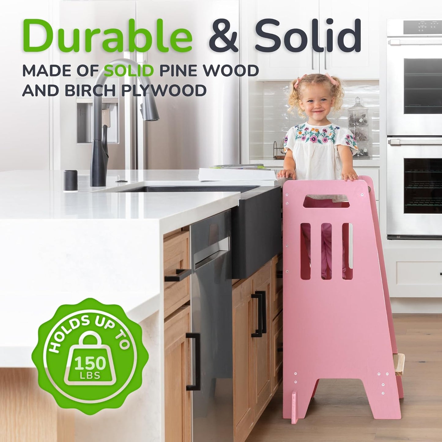 Toddler Tower with a Sliding Door and 3 Adjustable Heights - Complete Toddler Kitchen Stool Helper with Support Feet - Safe Design for 18+ Months to 6-Year-Old Kids - Pink