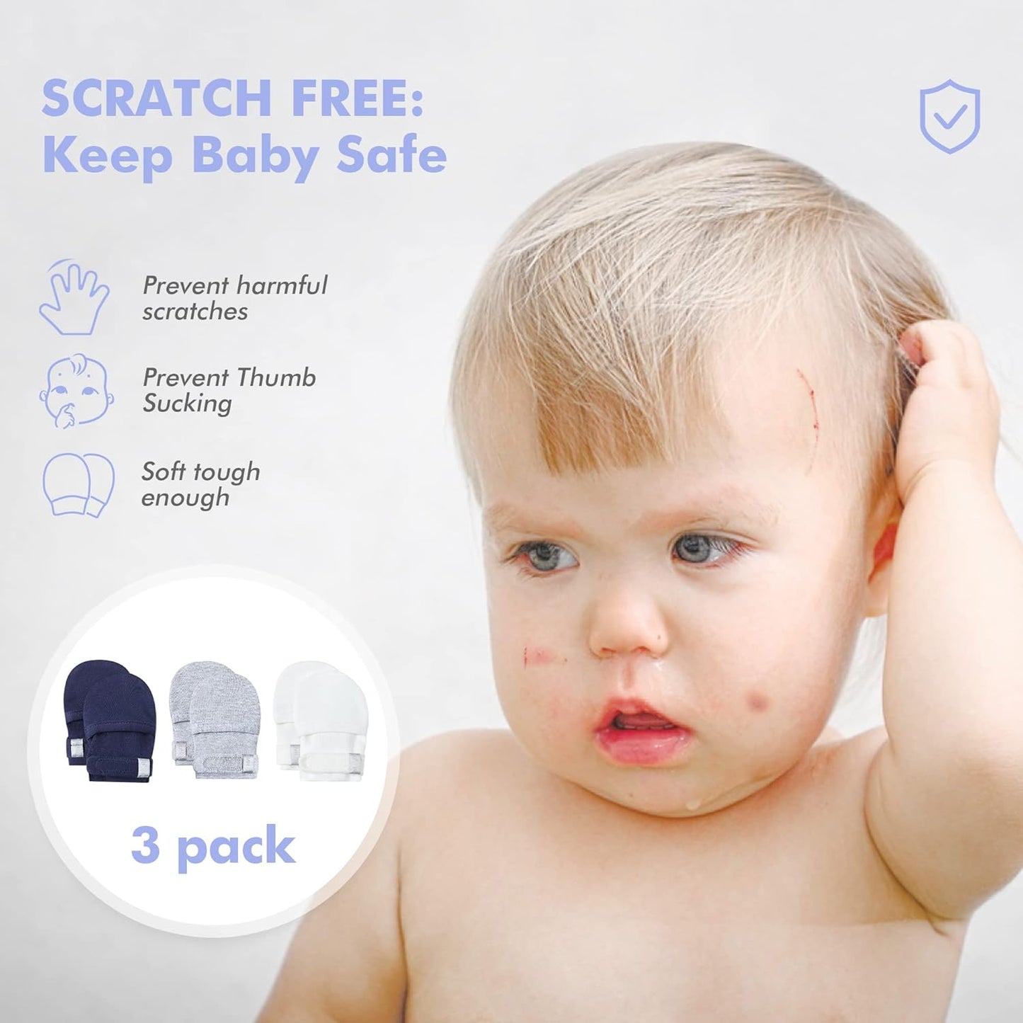 HAPIU Baby No Scratch Mittens Stay On, 100% Cotton Breathable, Adjustable Infant Gloves for Boys Girls, Newborn - 12 M