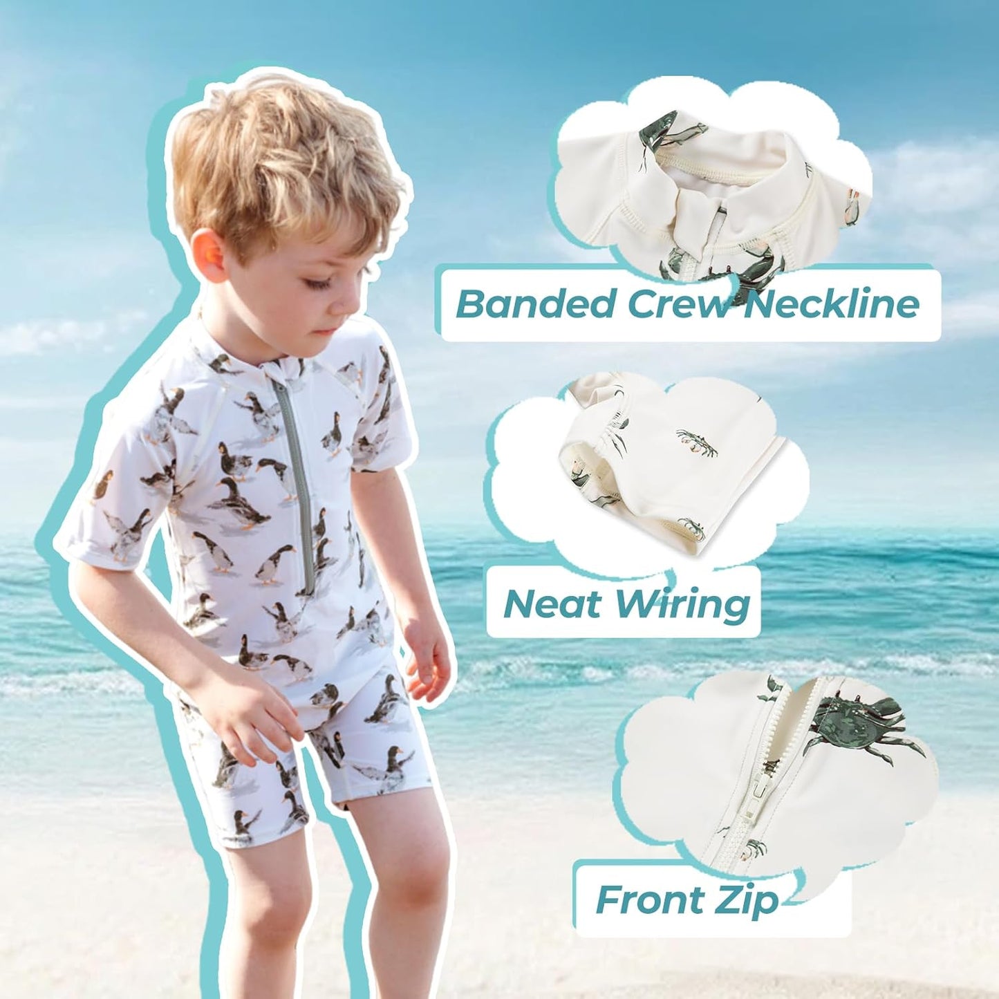 Milkbarn One Piece Swimsuit, Short Sleeve Zipper Bathing Suit for Infant Baby Boy Girl, Toddler Rash Guard Swimwear, Duck