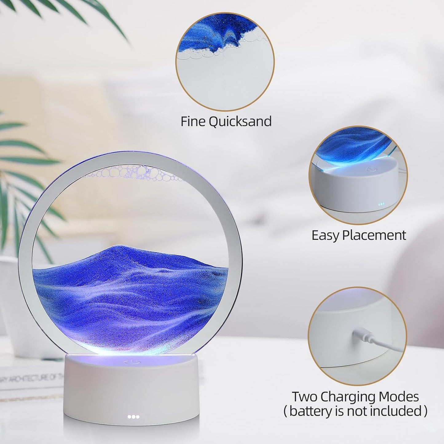 KPNUWN Moving Sand Art Liquid Motion, 3D Deep Sea Sandscape Color Quicksand Decor, Round Glass Moving Sand Art Picture Relaxing Desktop Home Office Work Decor (7 inch-Blue Light)