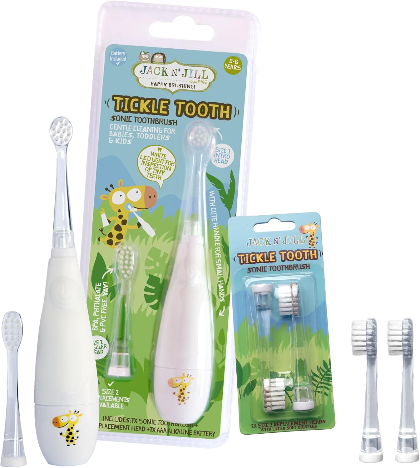 Jack N' Jill Tickle Tooth Toddler Electric Toothbrush with Replacement Head - Gentle Cleaning, Made for Tiny Teeth, LED Inspection Light, for Babies & Kids, Extra Soft Bristles - (1 Pack)