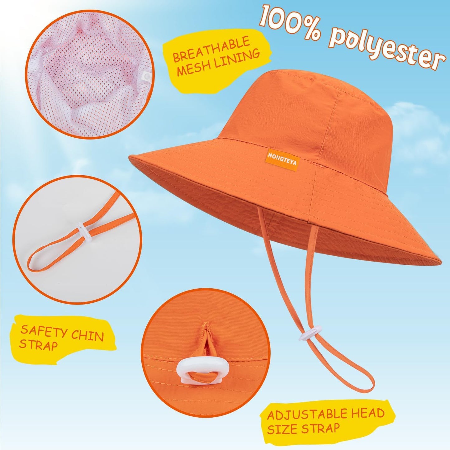 Baby Sun Hat Kids Summer UPF 50+ Toddler Bucket Hat Wide Brim Adjustable Beach Hats for Boys Girls Age 0-6 Years