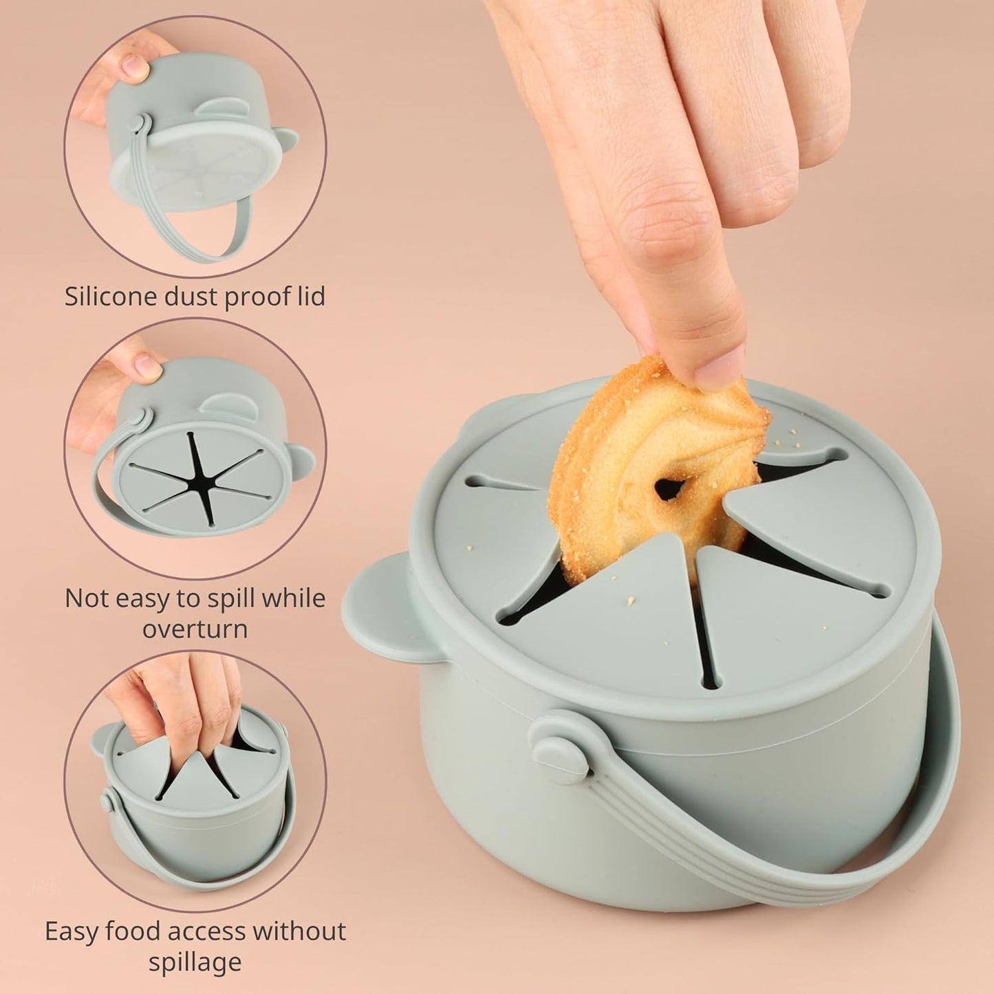 Silicone Snacks Containers for Toddlers, Baby Food Catcher Spill Proof, Kid Snacks Holder with DustProof Lid, 2 Pack Dishwasher Safe (Blush/Mauve)