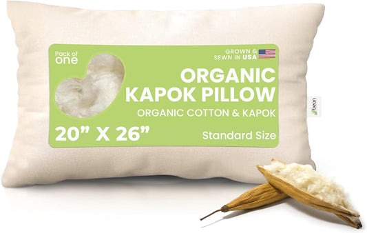 Bean Products Kapok 20" x 26" Standard Pillow - Breathable, Eco-Friendly and Durable Organic Cotton Fabric Bed Pillow - Soft and Supportive Pillow for Sleeping, Made in The USA