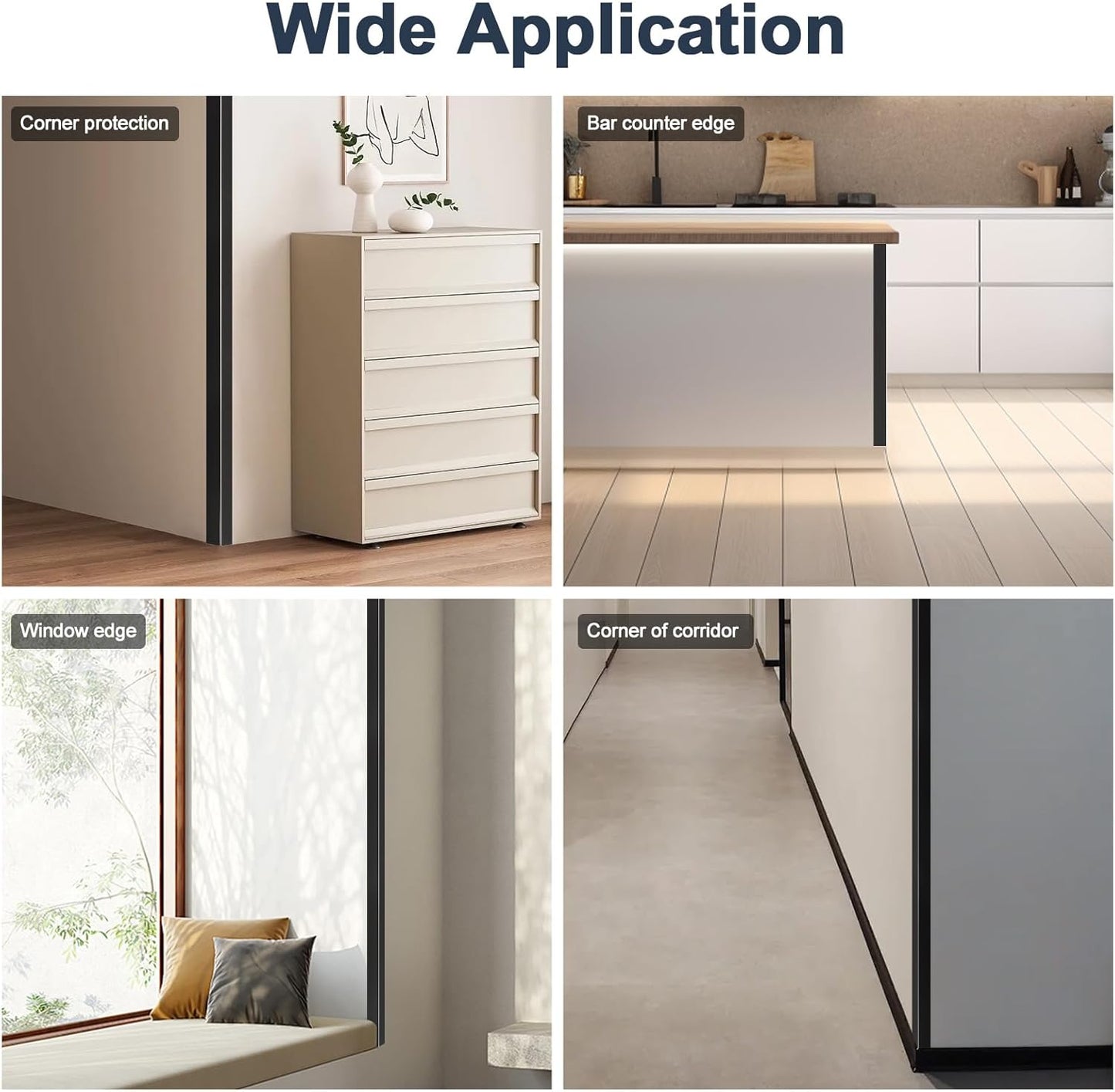 4PCS 45" Black Metal Corner Protectors, Aluminum Self Adhesive Corner Guards, Metal Wall Edge Protector Strip, Furniture Corner Protectors, Wall Cabinet Baseboard Decoration 45" x 2"