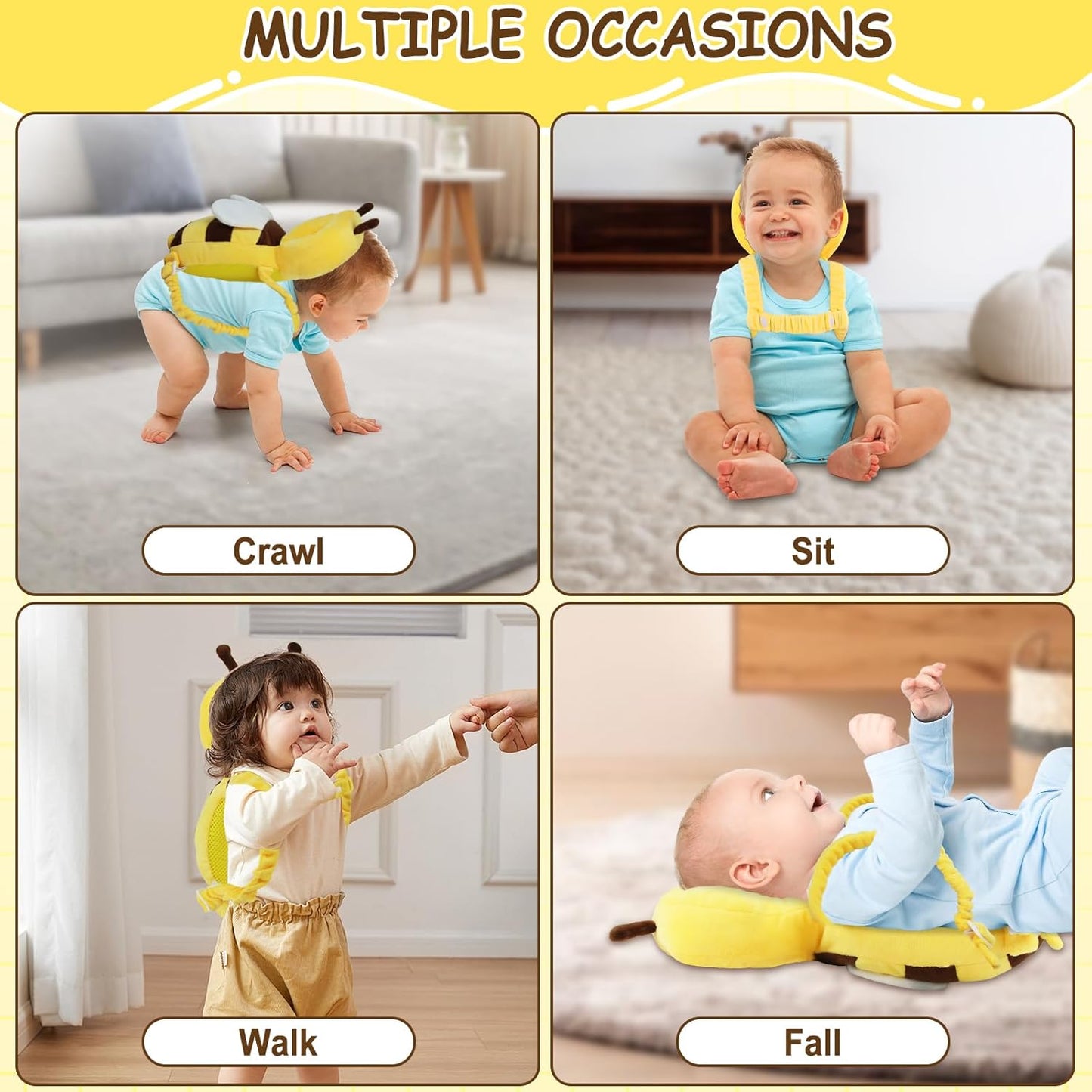 Baby Head Protector Backpack with Toddler Leash, Anti Lost Wrist Link, Adjustable Toddler Head Protection Backpack, 3 in 1 Cute Baby Fall Back Head Protector for Crawling Walking Gifts(Yellow Bee)