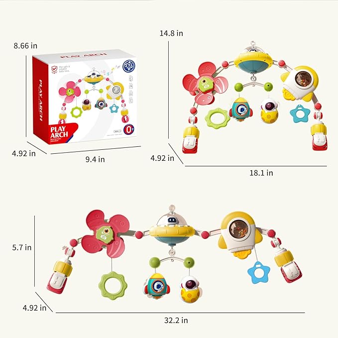 Musical Baby Stroller Arch Toys, Travel Car Seat Toys, Baby Play Arch Crib Accessory Toys, Mobile for Bassinet, Pram Activity Arch Bar Toys for Babies Infants, red