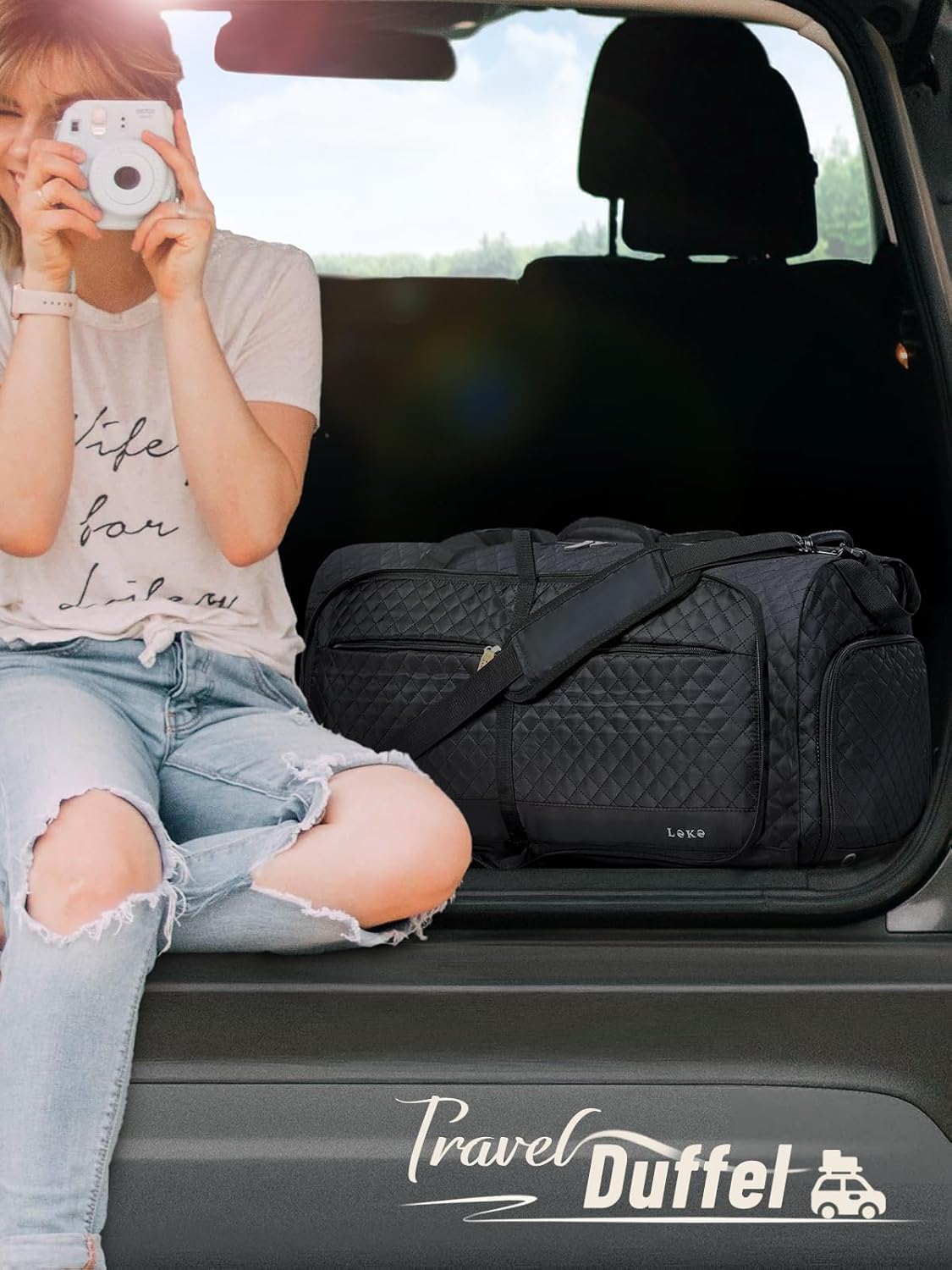 Lekesky Foldable Travel Duffel Bag for Women, 80L Large Duffle Bag with Separate Shoes Compartments & Straps, Carry On Weekend Bag for Women, Hospital, Overnight(Black Quilted)