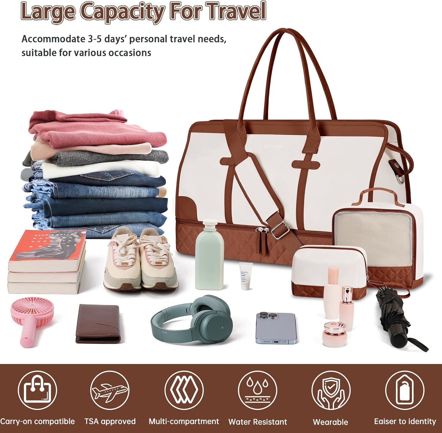 ETRONIK Weekender Overnight Bag for Women, Large Travel Duffle Bag with Shoe Compartment & Wet Pocket, Carry On Tote Bag Gym Duffel Bag with Toiletry Bag, 3 Pcs Set, Large Size, Beige-Brown