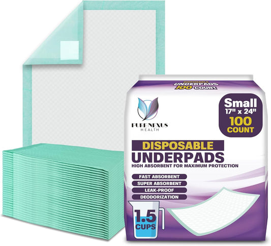 Disposable Bed Pads for Adults 17 x 24 (100 Count) - Super Absorbent and Waterproof - Incontinence Bed Pads, Chuck Pads, Chux Pads, Changing Pads for Baby, Pee Pads for Kids