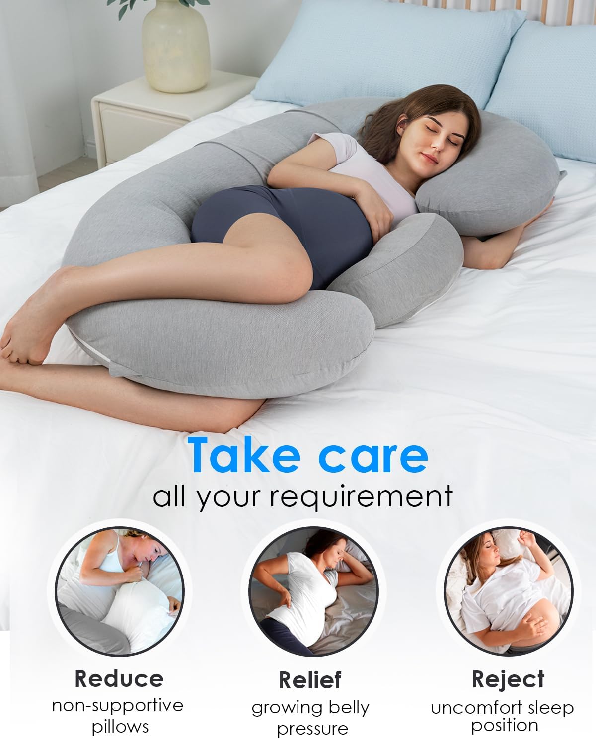 QUEEN ROSE Cooling Pregnancy Pillows, E Shaped Maternity Pillow for Sleeping, with Extra Wedge Pillow for Belly Support, 55 Inch Detachable Body Pillow, Breathable Cover, Grey