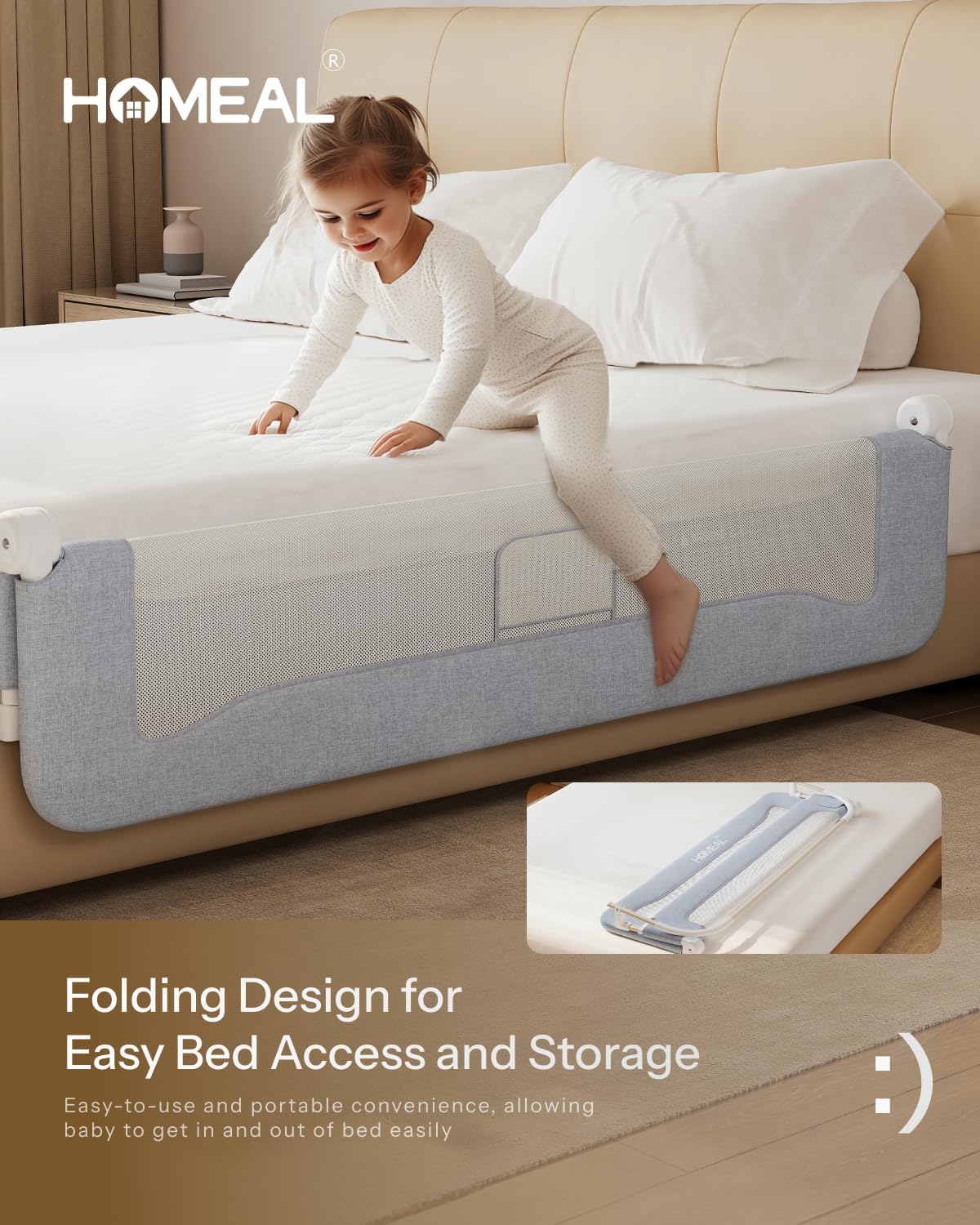 HOMEAL Bed Rail for Toddlers，32" x 26" Grey, Foldable Tall Baby Bed Rail Guard for Easy Use and Storage, U-Shaped Base Width Increased by 4", Suitable for Twin, Full, Queen, King Size Bed