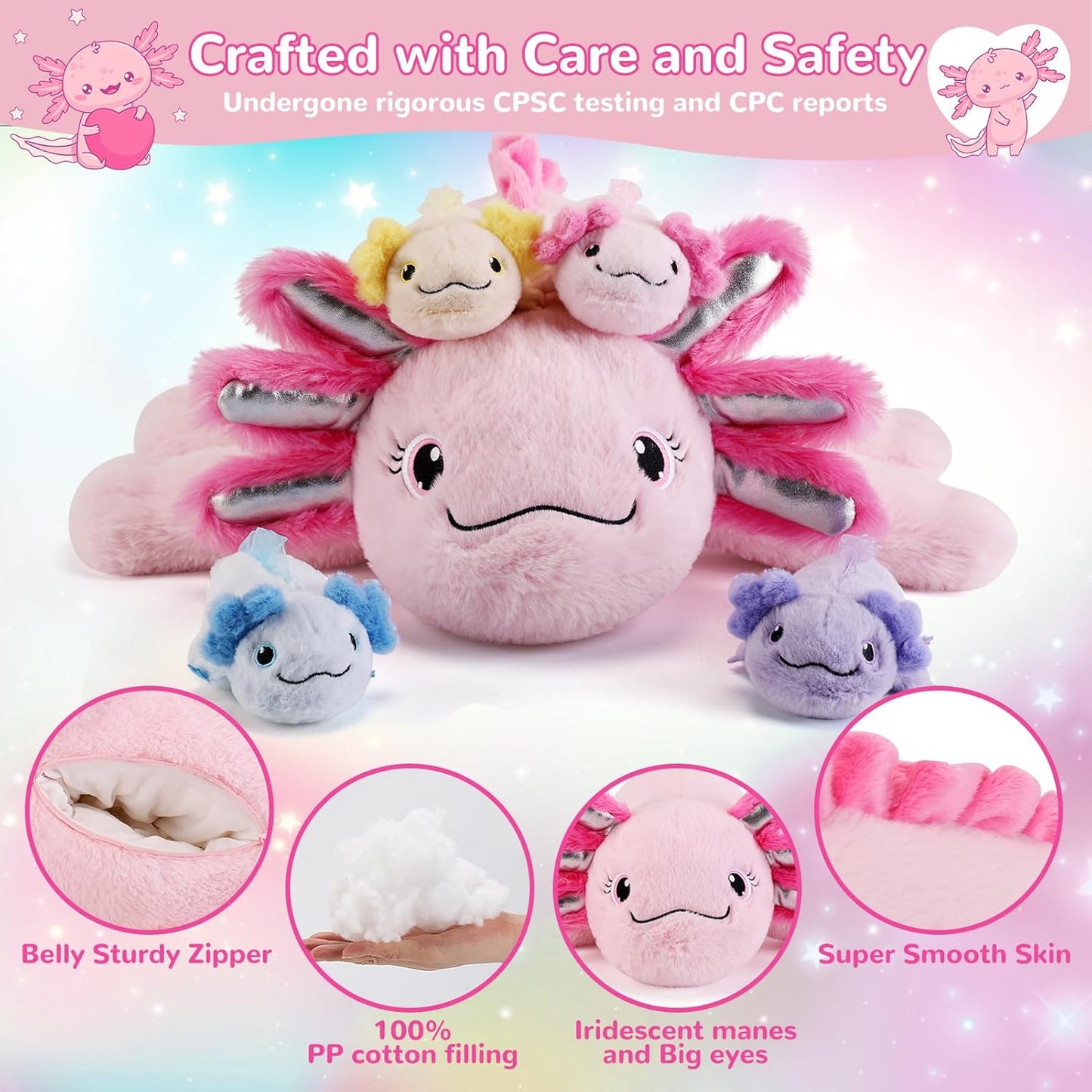 5 Pieces Axolotl Stuffed Animals with Babies Inside Belly - 1 Mommy Stuffed Axolotl with 4 Babies - Pink Axolotls Plush Toy for Kid Age 3-8, Gift Ideal for Christmas, Valentine's, Birthday