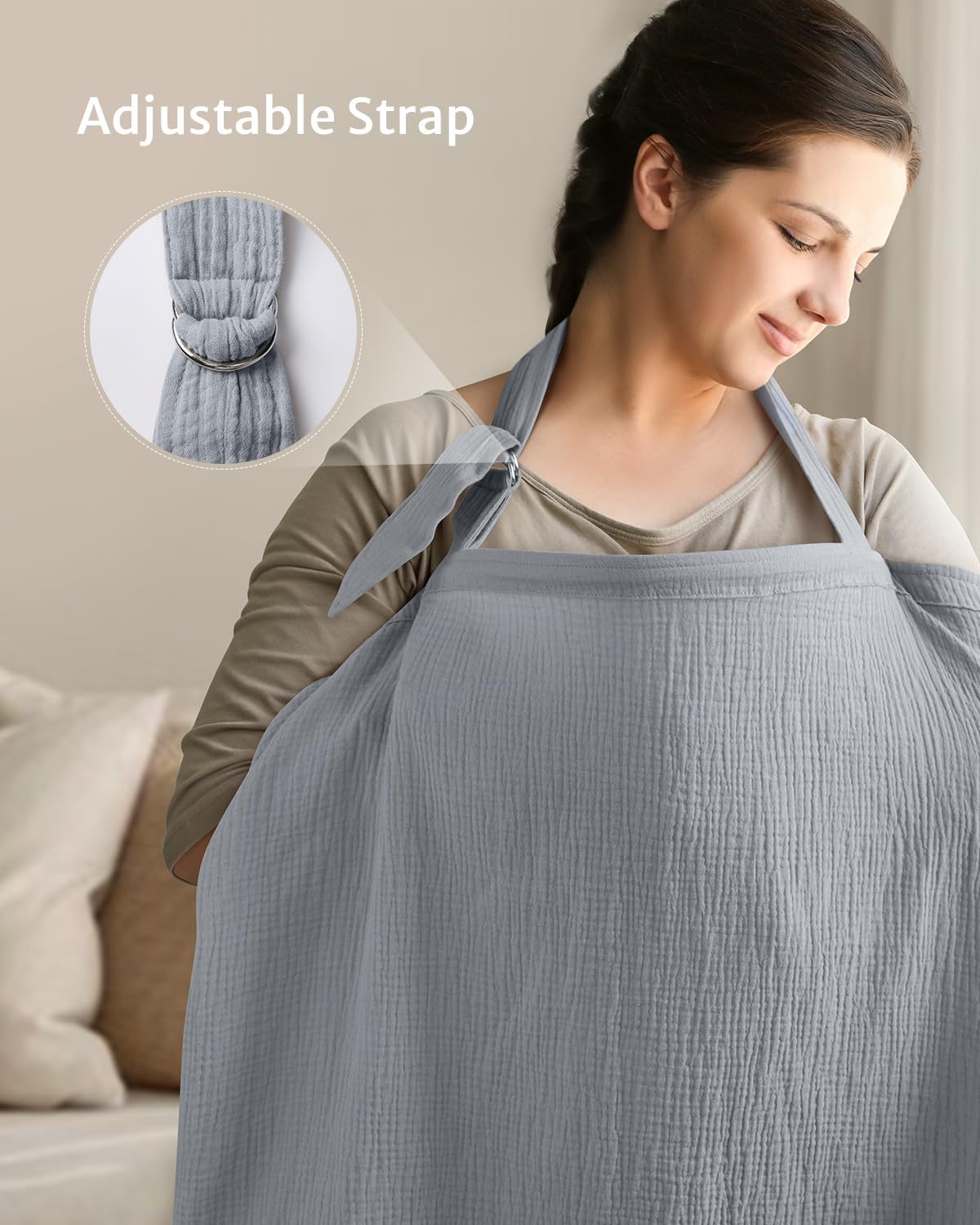 Blissful Diary Muslin Nursing Cover for Breastfeeding, Breathable Breastfeeding Cover up with Arch Neckline for Women, Nursing Apron (Light Grey)