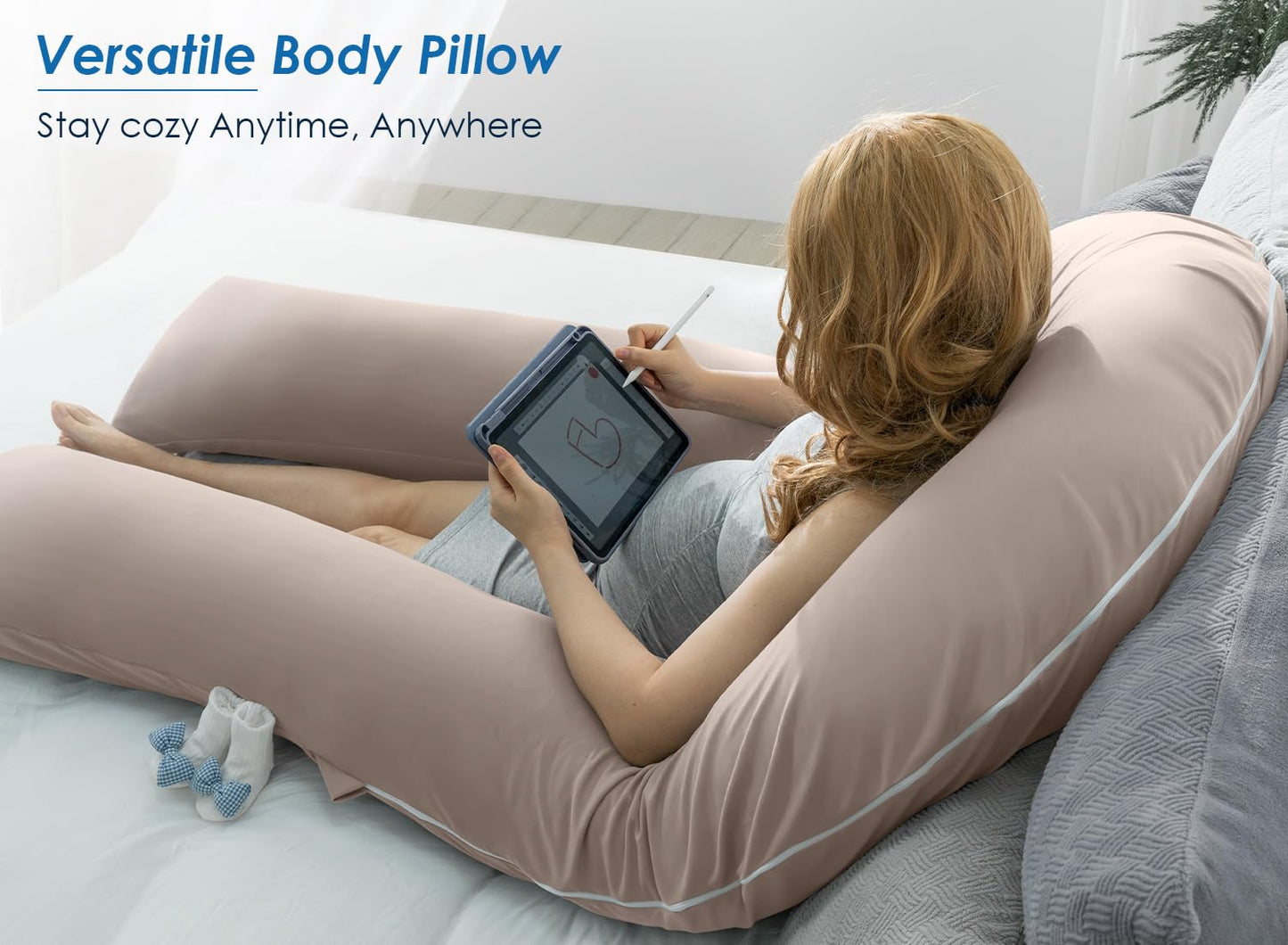 QUEEN ROSE Extra Long U Shaped Body Pillow, Cooling Pregnancy Pillows for Sleeping, 65 Inch Full Body Support Maternity Pillow for Adults, Support for Back, Hip, Legs for Pregnant Women, Nomad