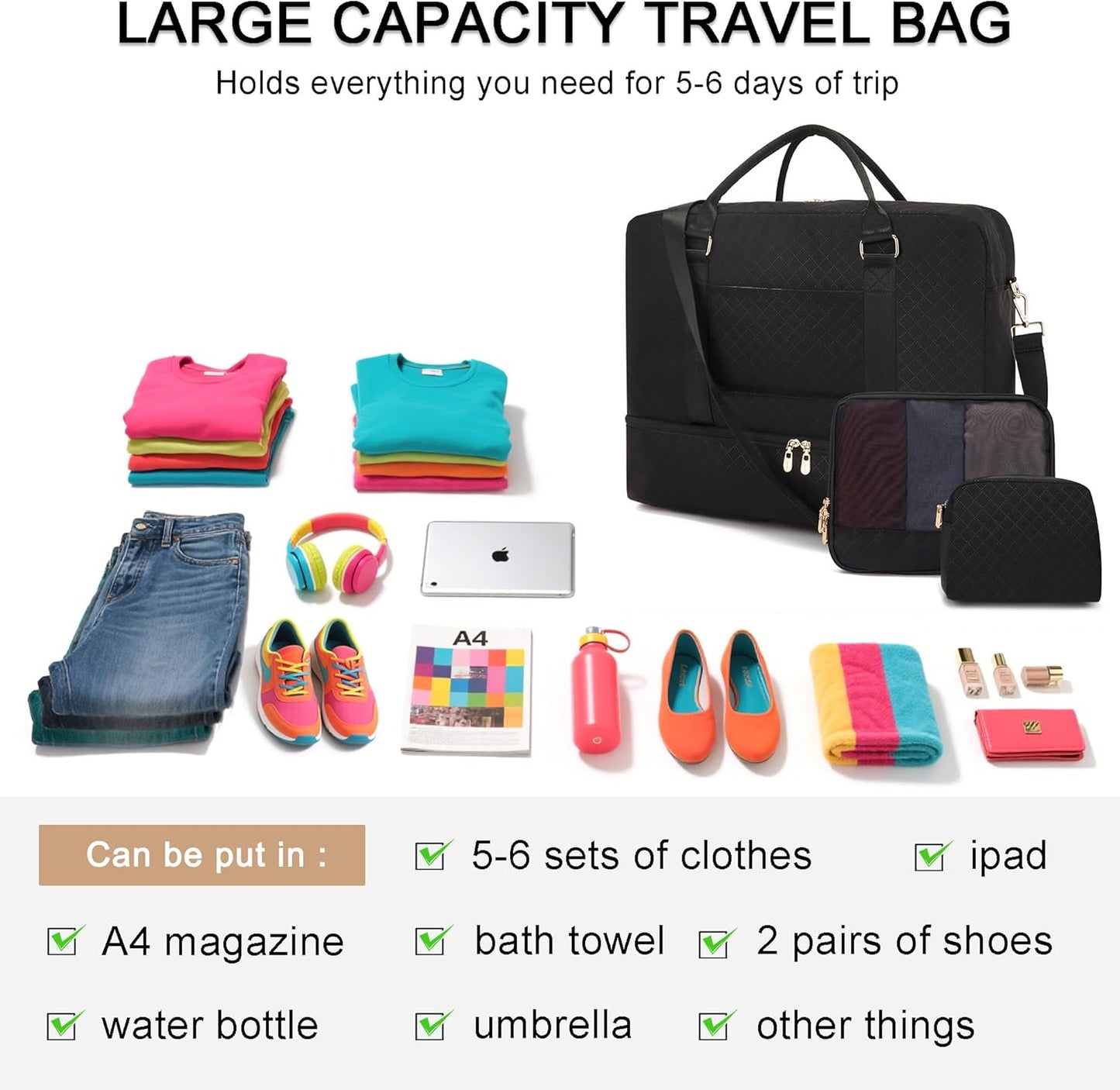 Soperwillton Women Travel Duffel Bags Carry On Overnight Bag with Shoe Compartment & Toiletry Pouch Gym Bag with Wet Pocket