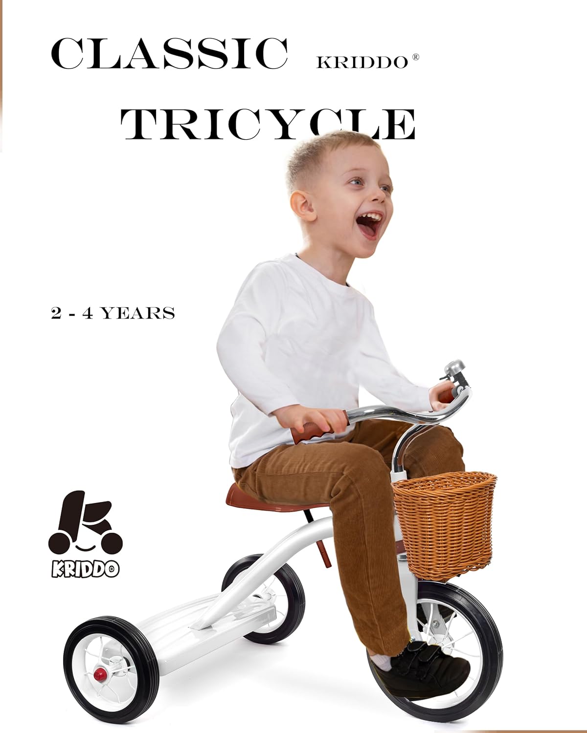 KRIDDO Classic All Metal Toddler Trike, Gift for Boys and Girls Ages 2 to 4 Year Old, Tricycle for 1 to 3 Year Olds, Sturdy Rear Deck, Deluxe Steer and Ergonomics Grip, Indoor and Outdoor, White