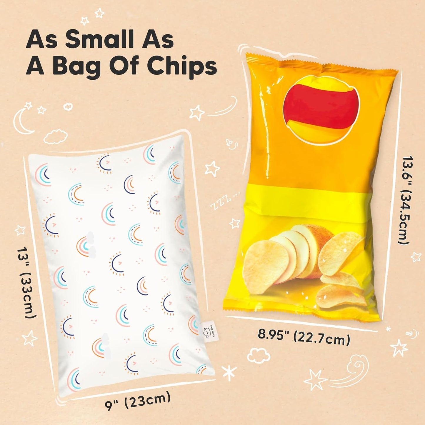 Mini Toddler Pillow with Pillowcase - 9x13 My Little Dreamy Travel Kids Pillow for Sleeping, Toddler Bed, Small, Tiny, Organic Cotton Pillowcase, Soft & Breathable, Kids 2-4 Years Old (Jolly Rainbow)